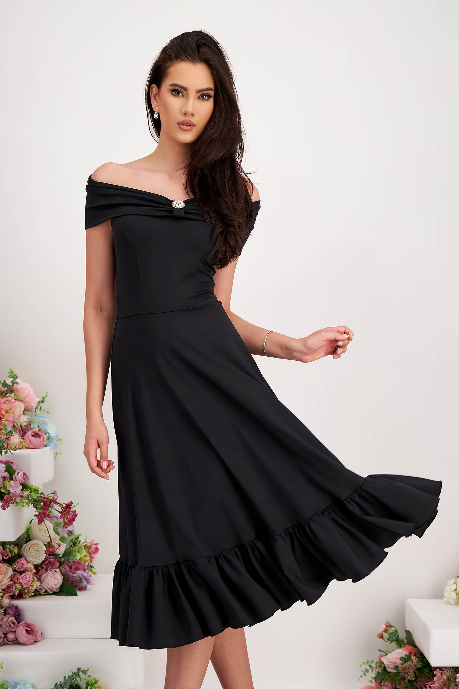 - StarShinerS black dress lycra midi cloche naked shoulders with ruffles at the buttom of the dress