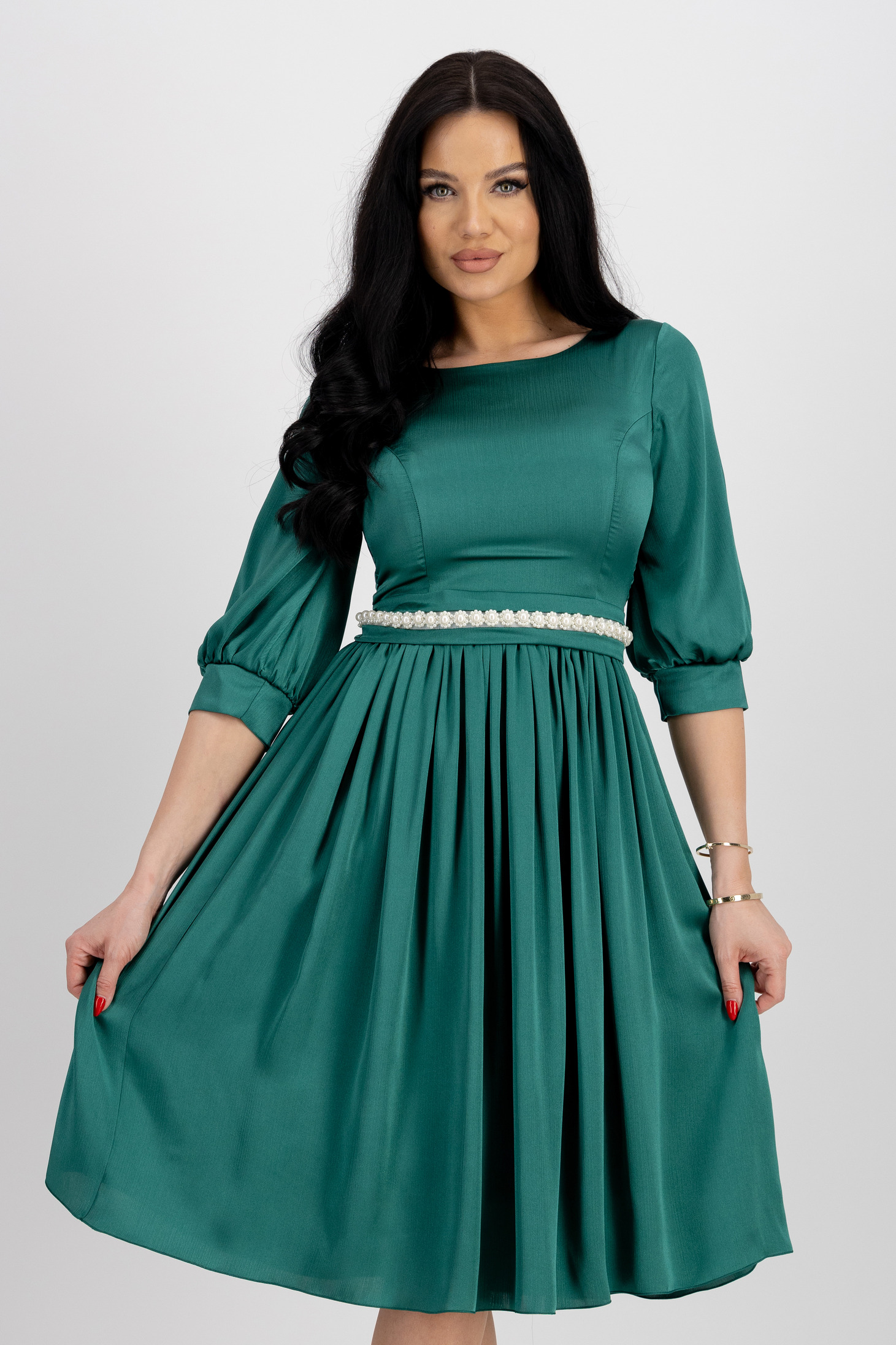 Green Satin Midi Dress in A-line with Pearl Embellishments on Cord - StarShinerS 1 - StarShinerS.com