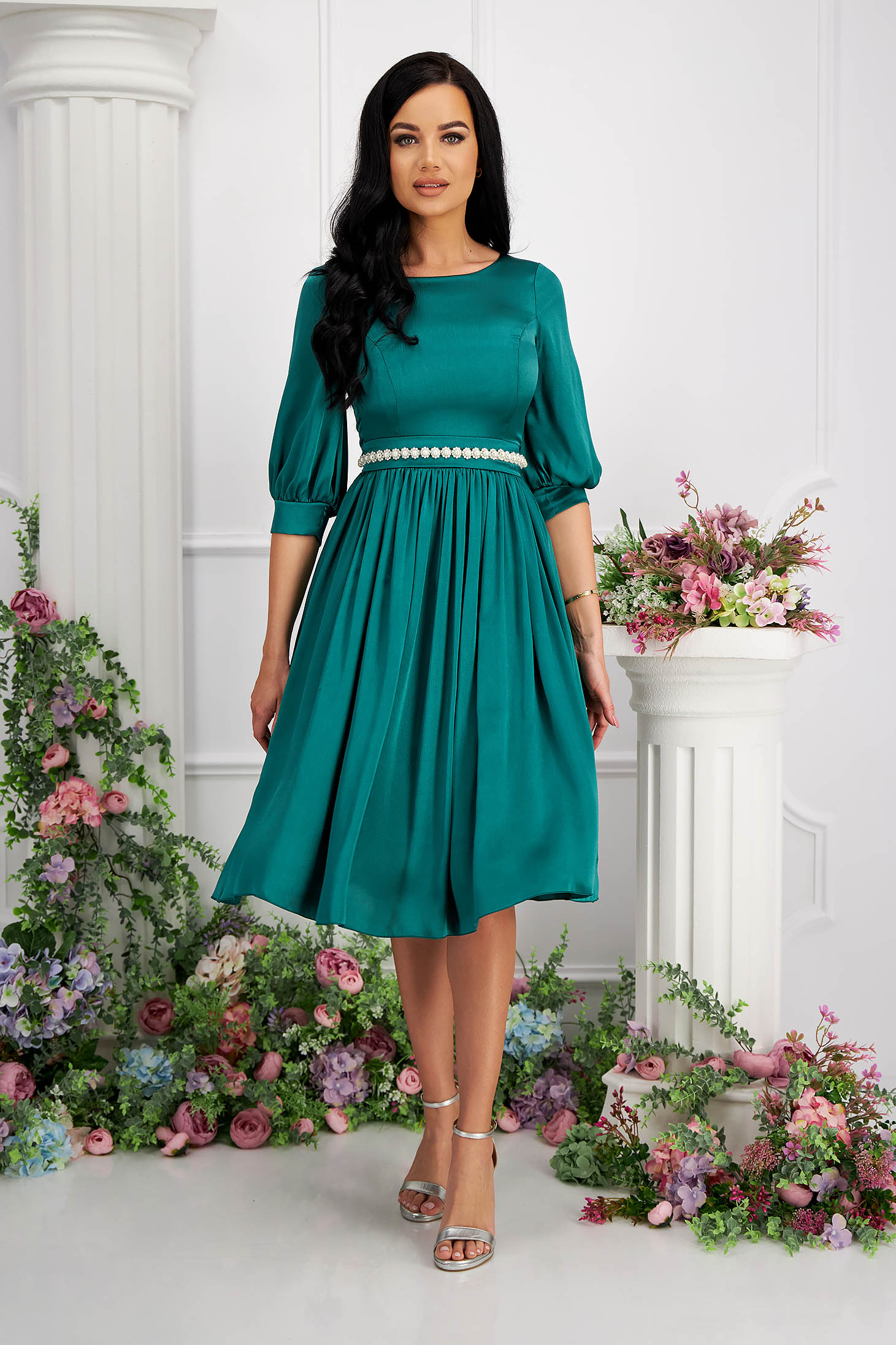 - StarShinerS green dress thin fabric from satin fabric texture midi cloche with pearls
