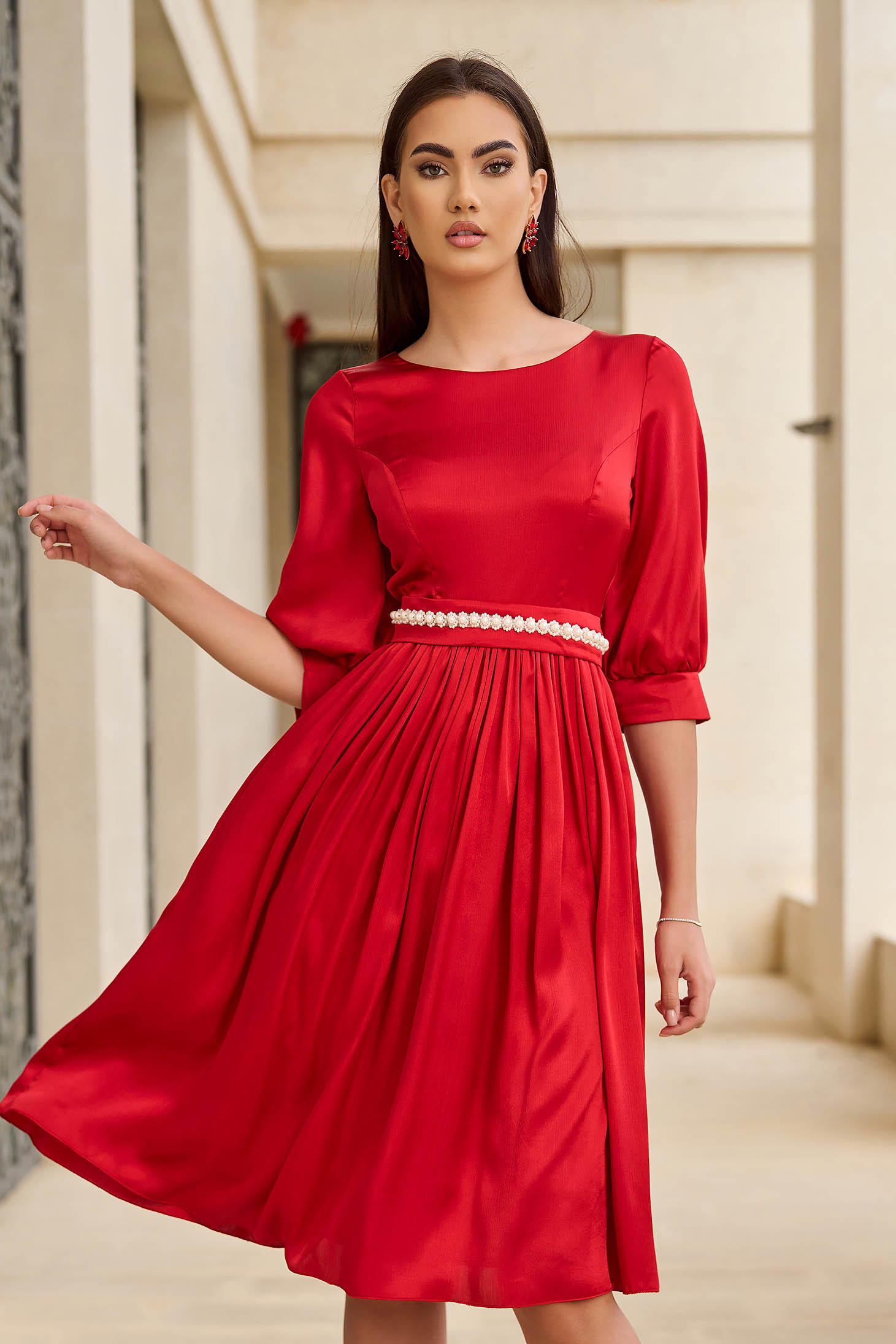 Red Satin Midi Dress with Pearl Appliqués on Ribbon - StarShinerS