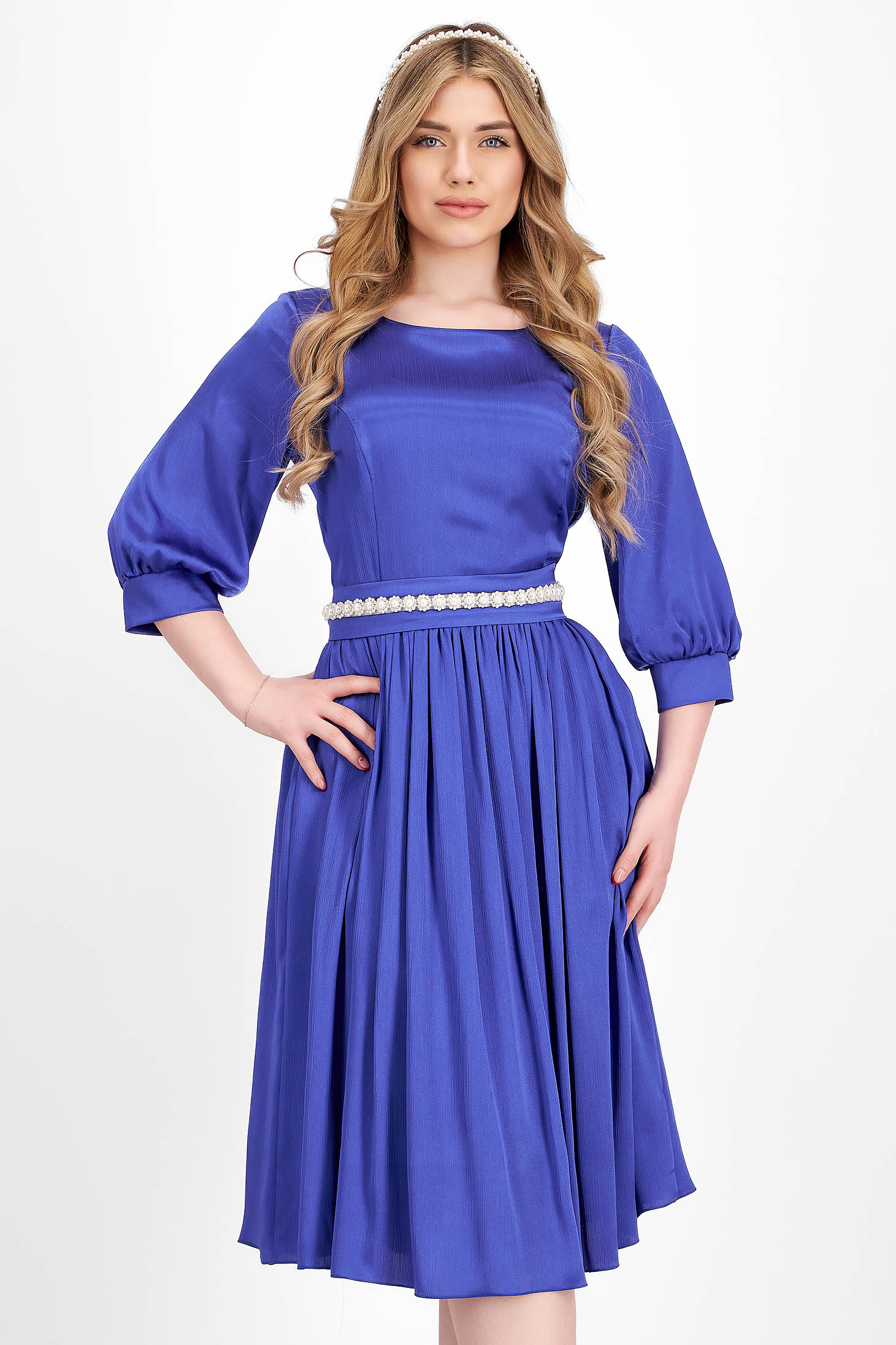 Blue satin midi dress in flared style with pearl appliques on cord - StarShinerS
