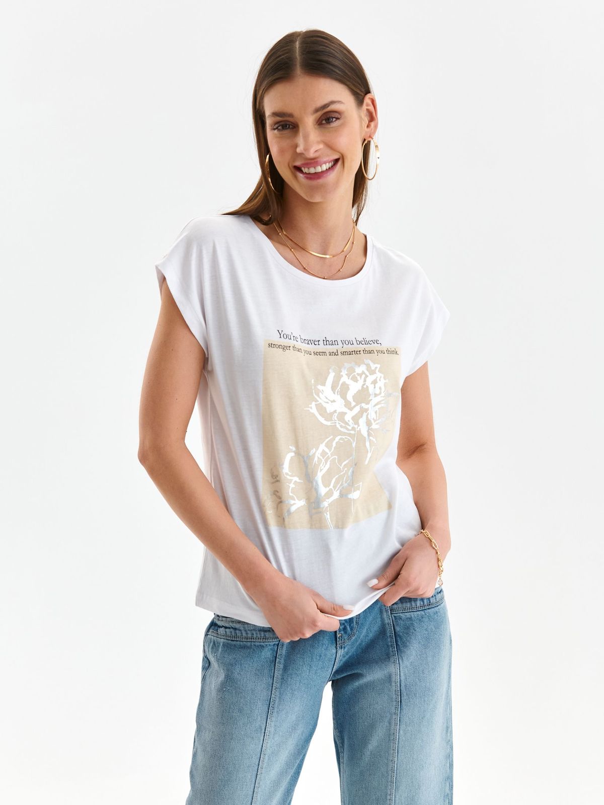 Tricou din bumbac alb cu croi larg si imprimeu abstract - Top Secret