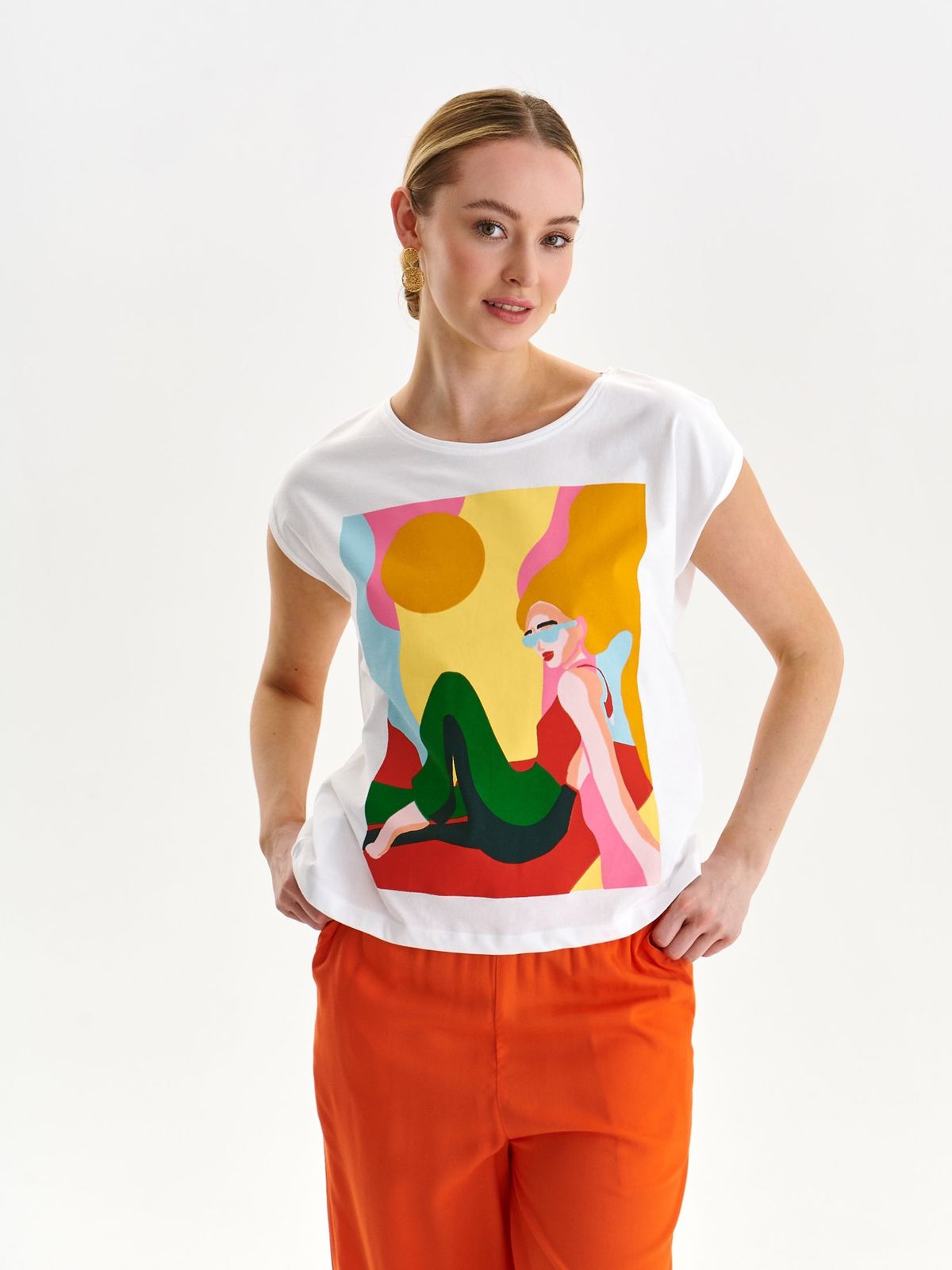 Tricou din bumbac alb cu croi larg si imprimeu abstract - Top Secret