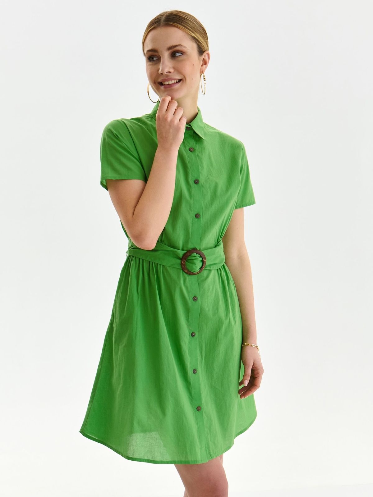 Rochie din bumbac verde scurta cu croi larg si buzunare accesorizata cu cordon - Top Secret