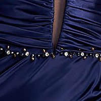 Long navy blue taffeta dress adorned with strass stones and pearls