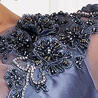 Grey dress taffeta long cloche with lace details v back neckline