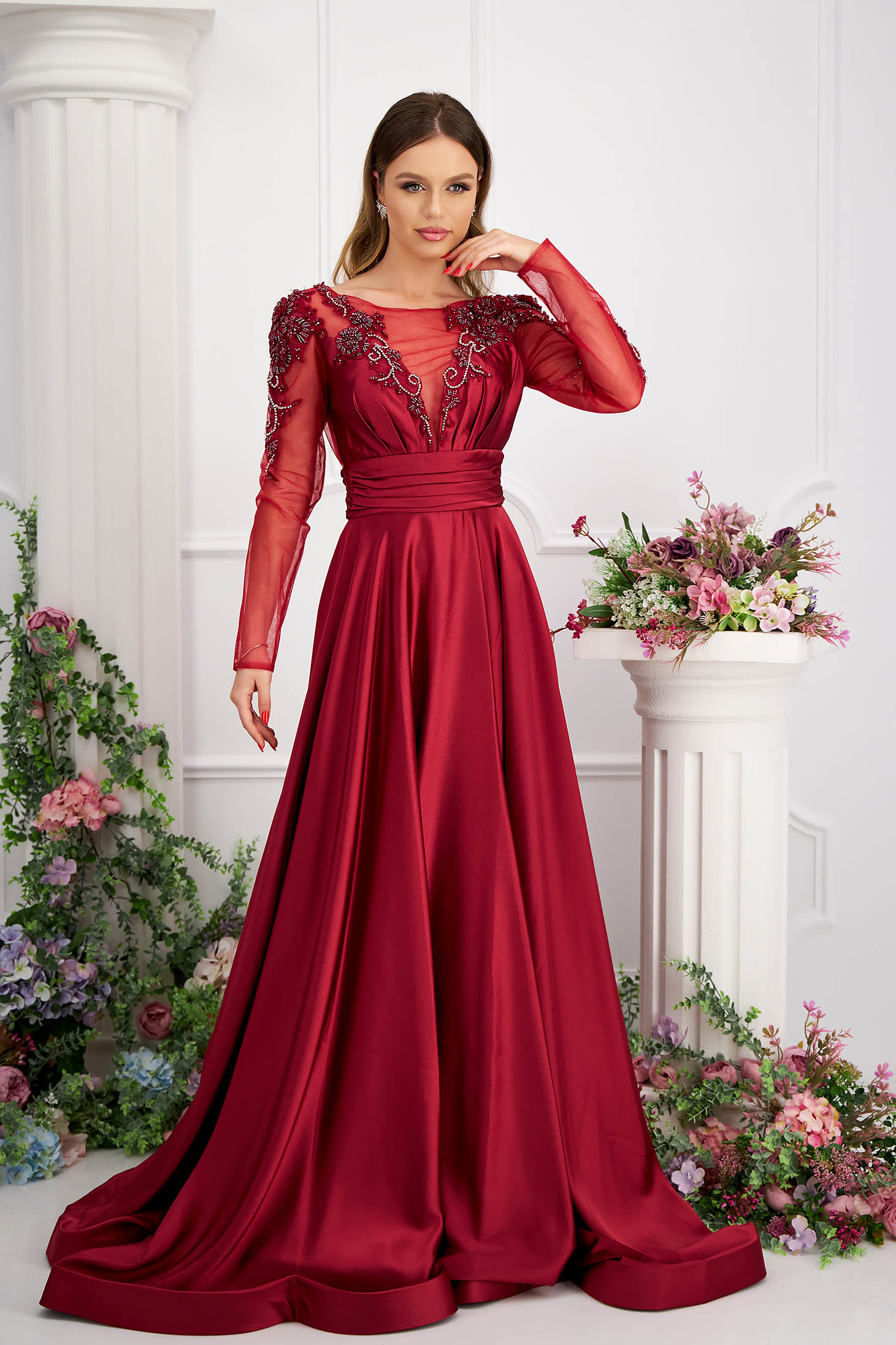 Burgundy dress taffeta long cloche with lace details v back neckline