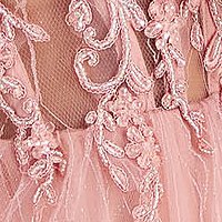 Rochie din tul roz lunga in clos cu maneci bufante detasabile si aplicatii cu dantela si pietre