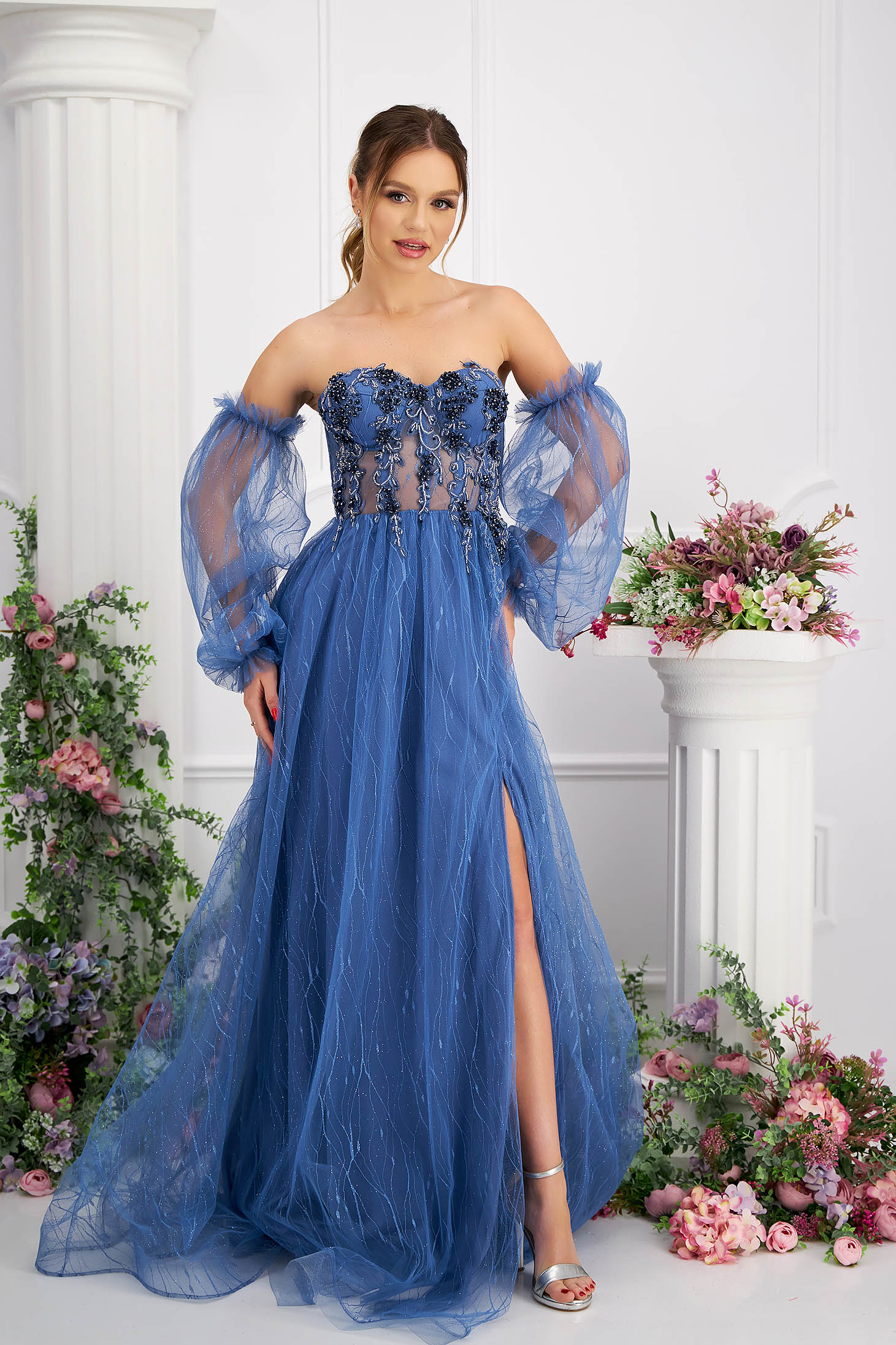 Blue dress from tulle long cloche with puffed sleeves lace and crystal embellished details
