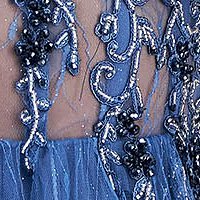 Rochie din tul albastra lunga in clos cu maneci bufante detasabile si aplicatii cu dantela si pietre