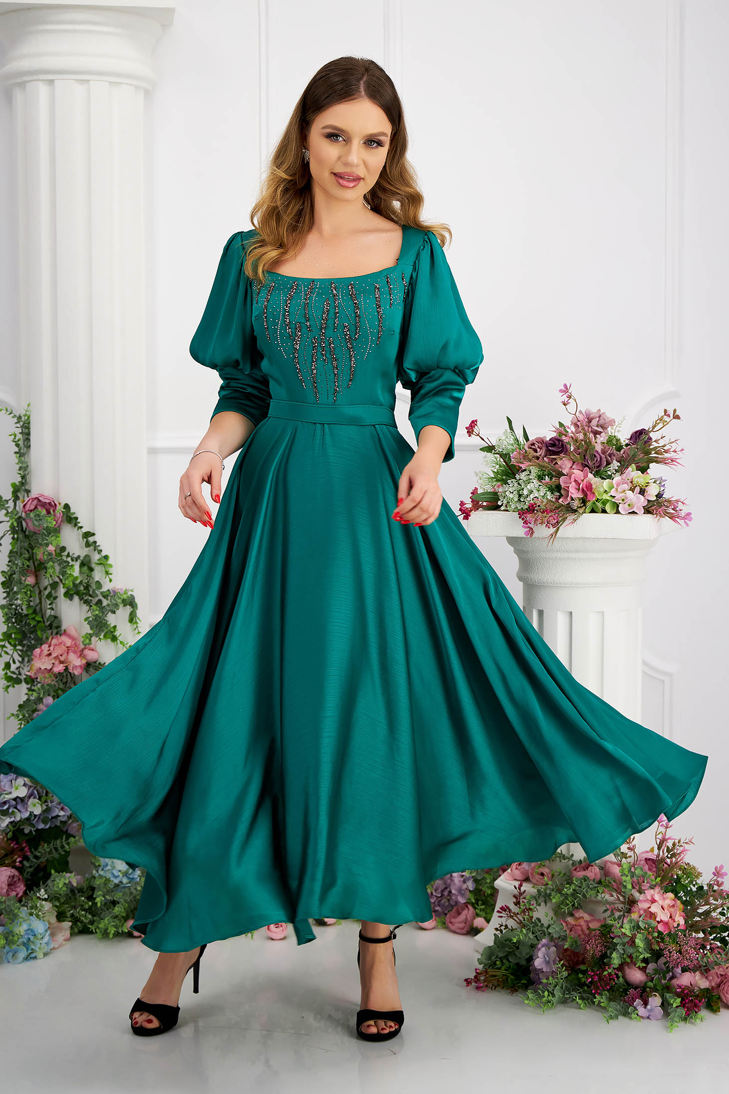 Midi green satin veil dress in a-line with puffy sleeves and strass stones on the front 1 - StarShinerS.com