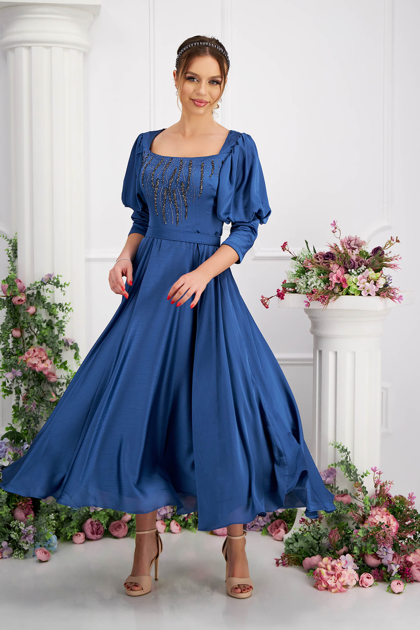Blue dress from veil fabric from satin fabric texture midi with puffed sleeves strass cloche