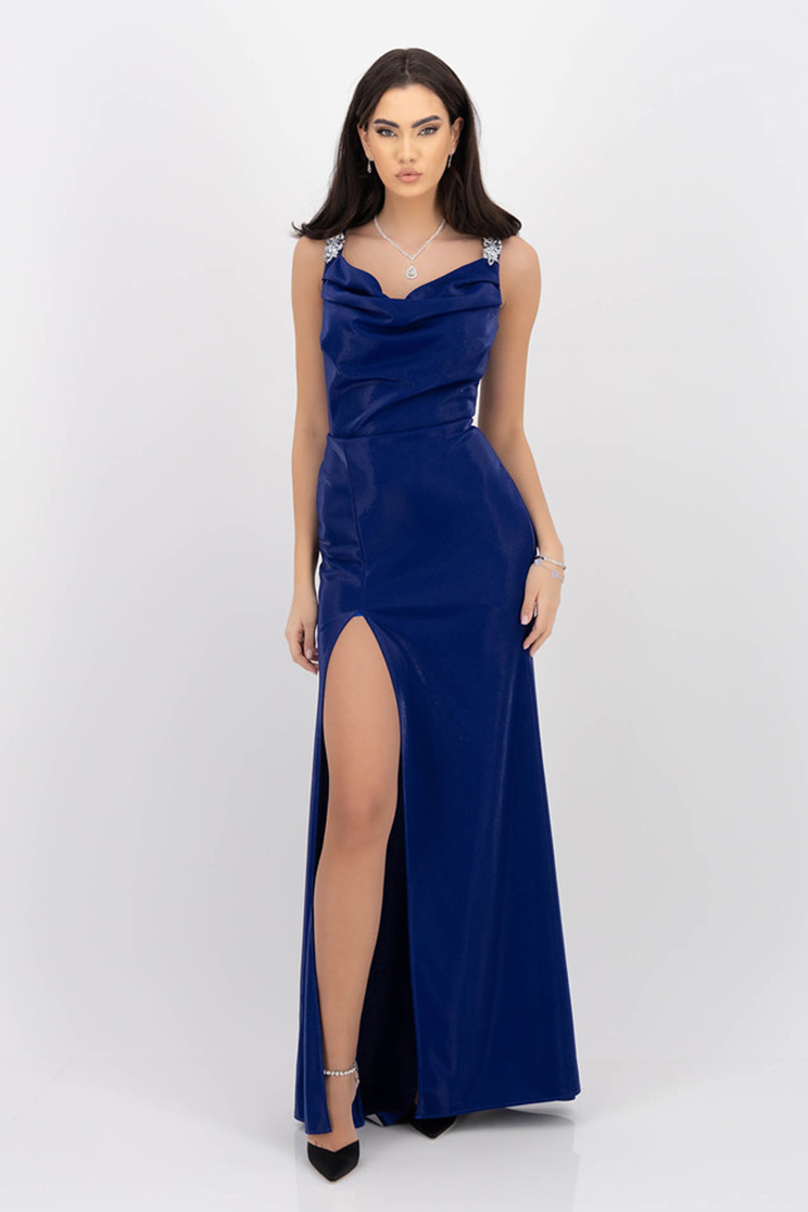 Hosszú szirén szabású kék lycra ruha vállán strasszos kiegészítővel - StarShinerS 1 - StarShinerS.hu