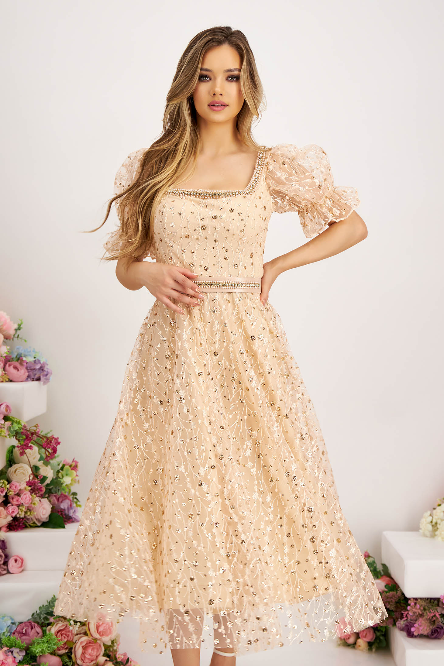 Beige dress from tulle with glitter details midi cloche accessorized with belt