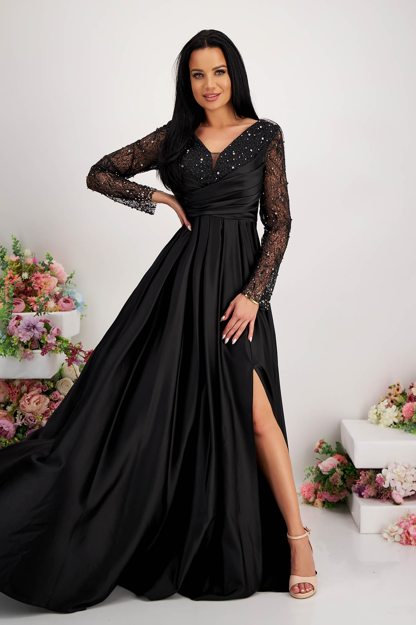 Long black elastic taffeta dress in a bell shape with glitter and strass stone applications 1 - StarShinerS.com