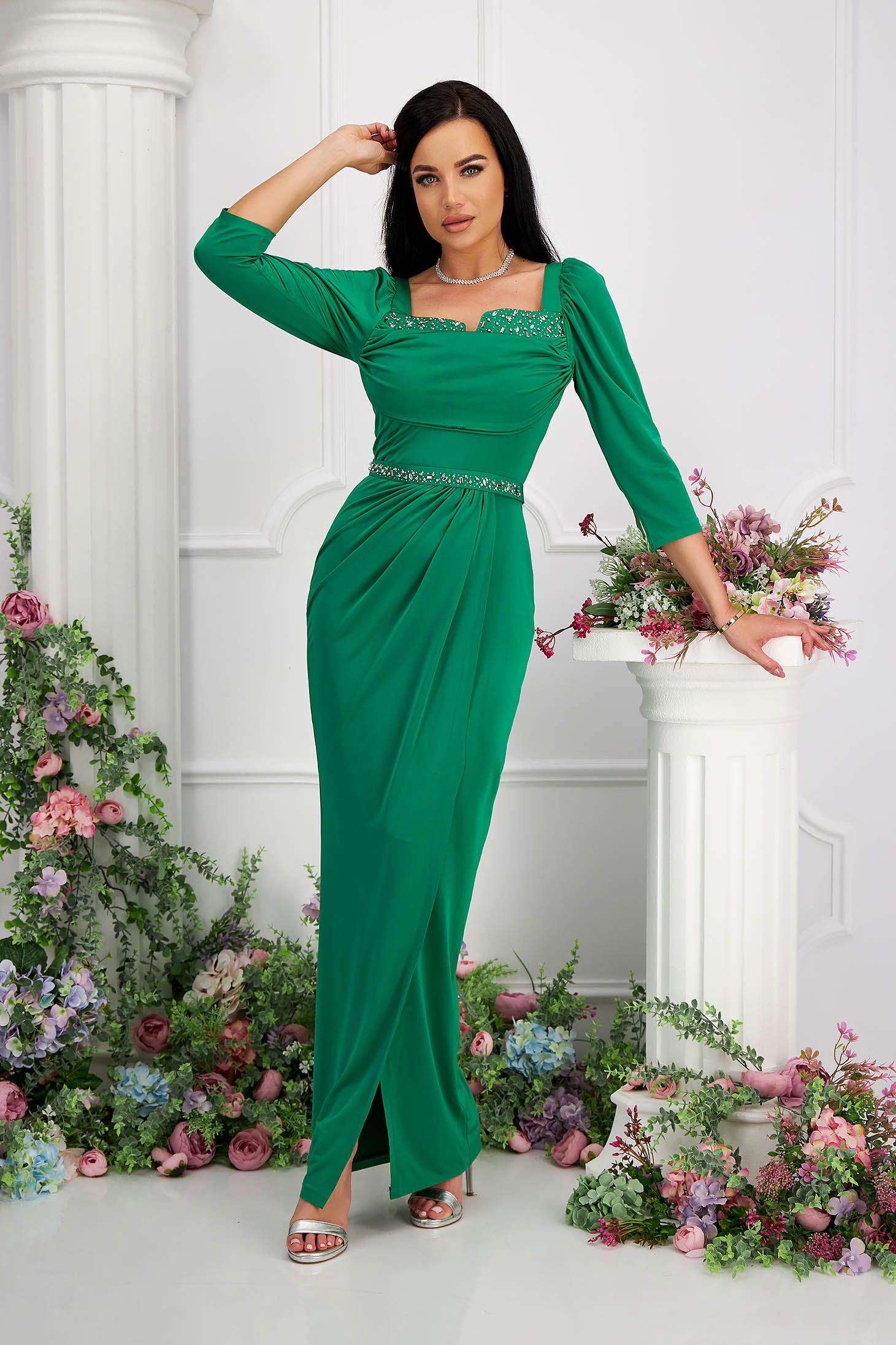 Green dress lycra long wrap around high shoulders accessorized with belt with crystal embellished details