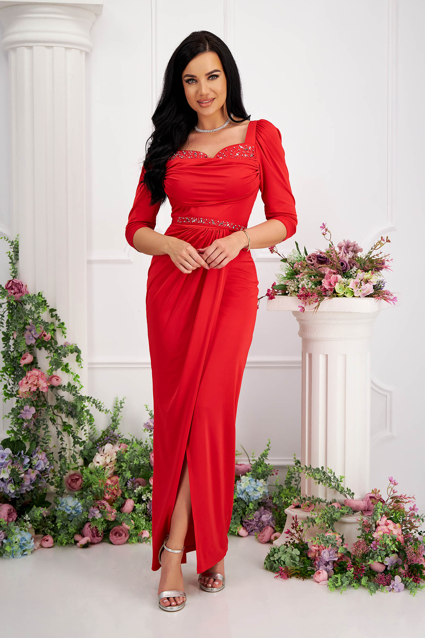 Red dress lycra long wrap around high shoulders accessorized with belt with crystal embellished details