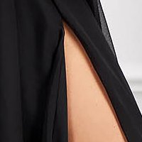 Fekete muszlin szatén anyagú hosszú harang ruha egy ujjal és 3d virágos díszítéssel