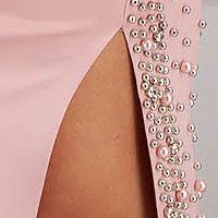 Rochie din scuba roz pudra midi tip creion cu maneci din voal bufante