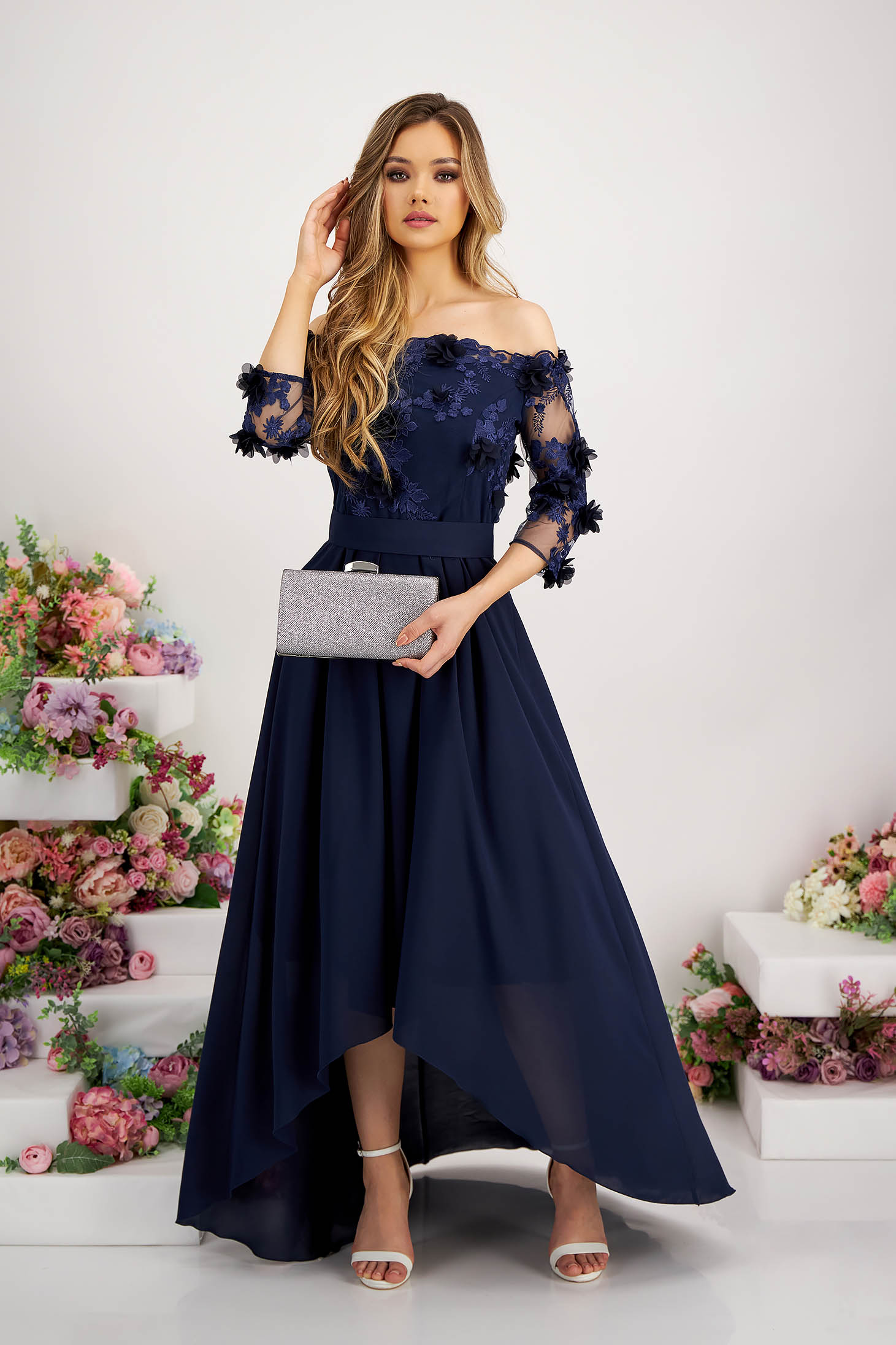 Asymmetric Navy Blue Chiffon and Lace Dress - StarShinerS