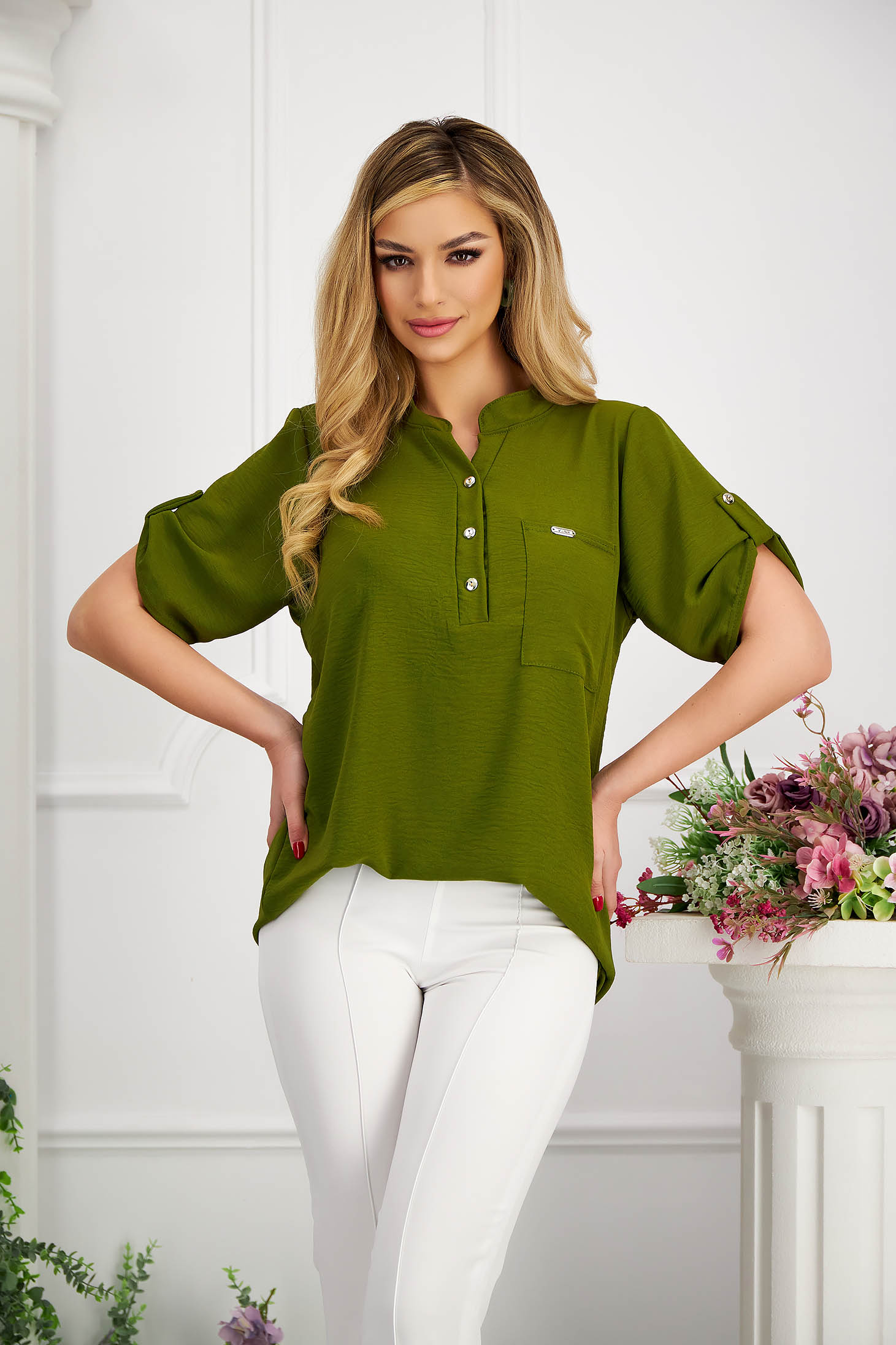 Ladies' Blouse in Crepe-Like Voile with Wide Cut in Khaki - Lady Pandora 1 - StarShinerS.com