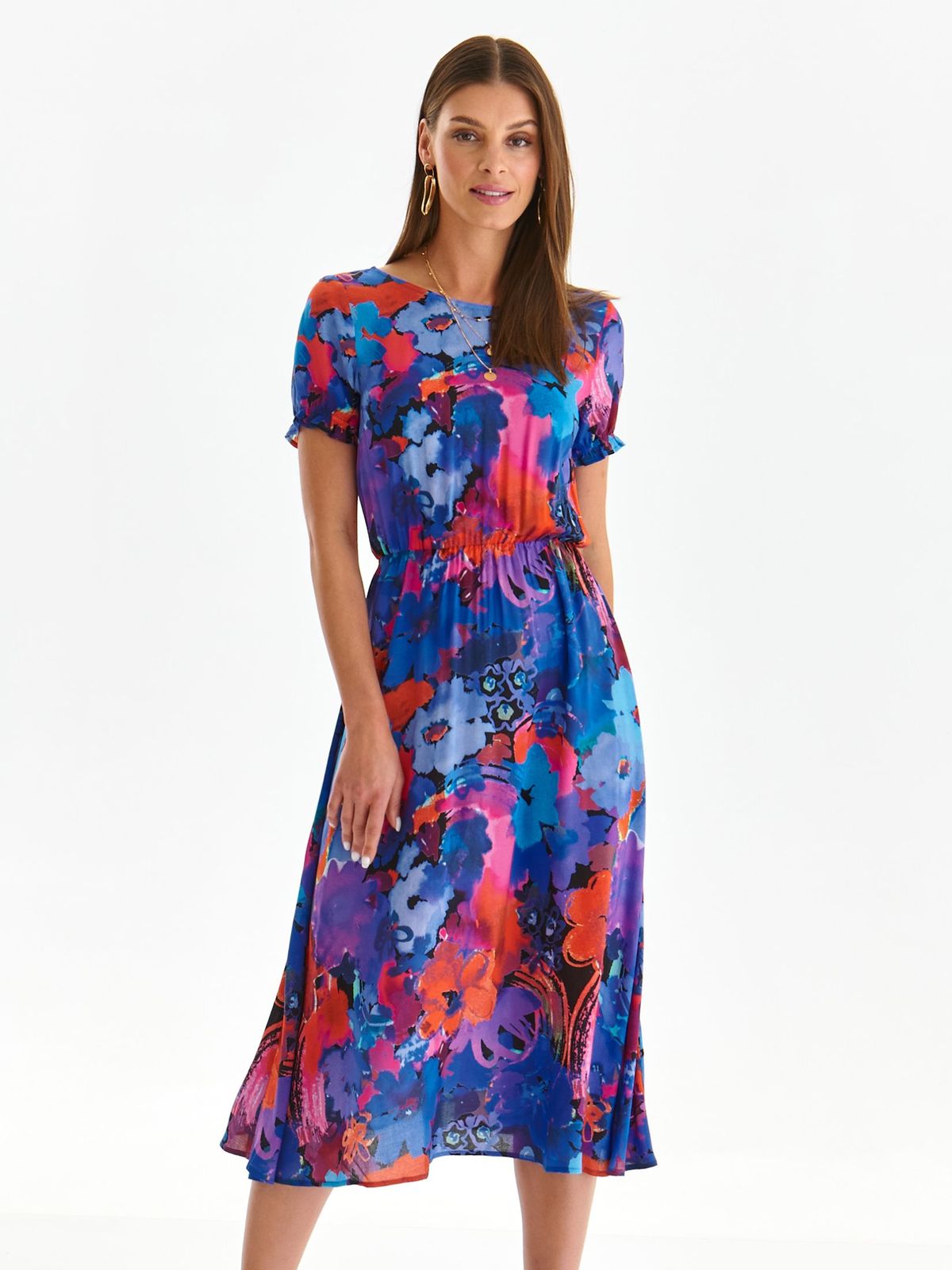 Rochie din material subtire midi in clos cu elastic in talie si imprimeu floral - Top Secret