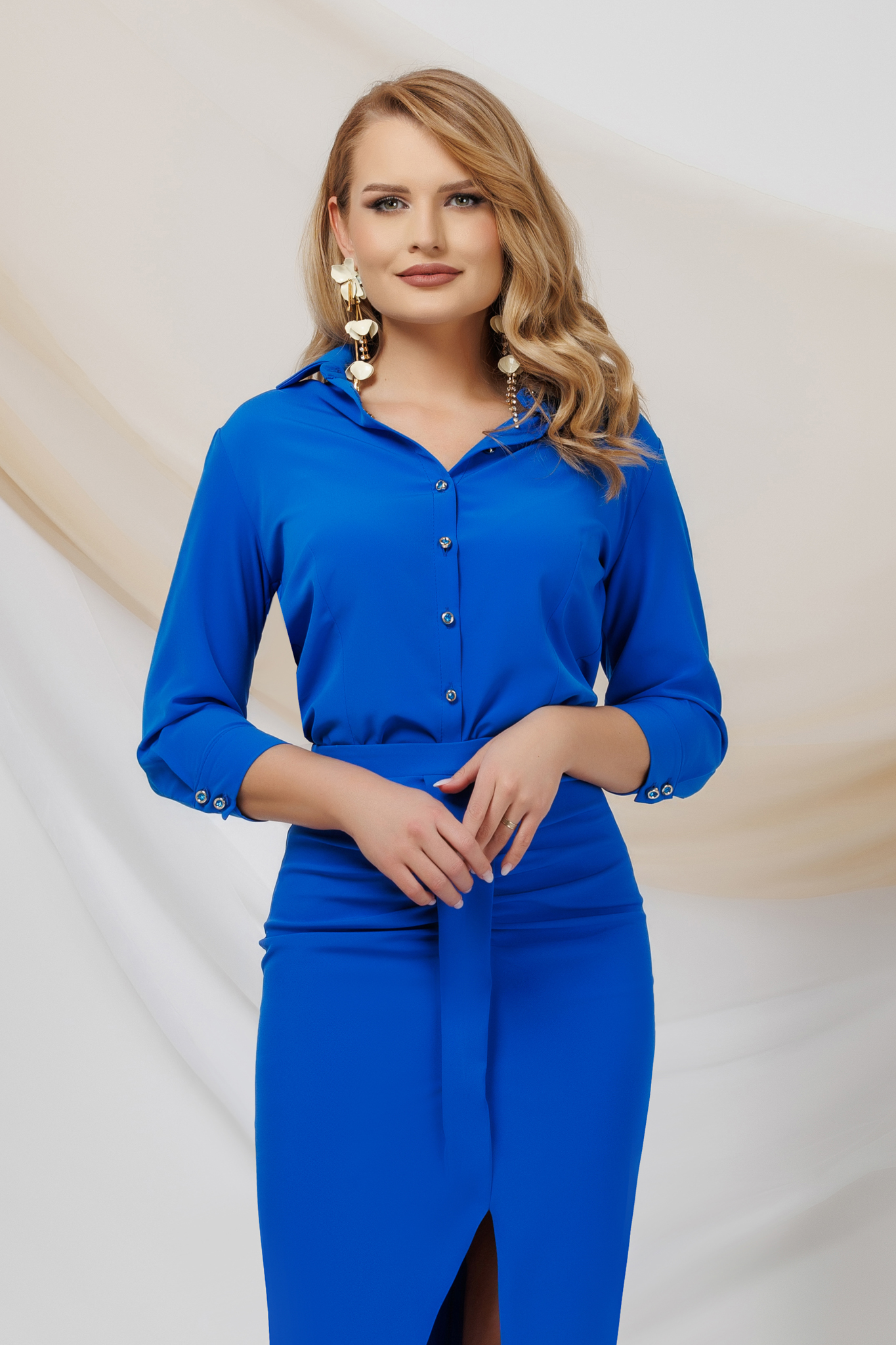 Blue women`s shirt thin fabric loose fit with 3/4 sleeves
