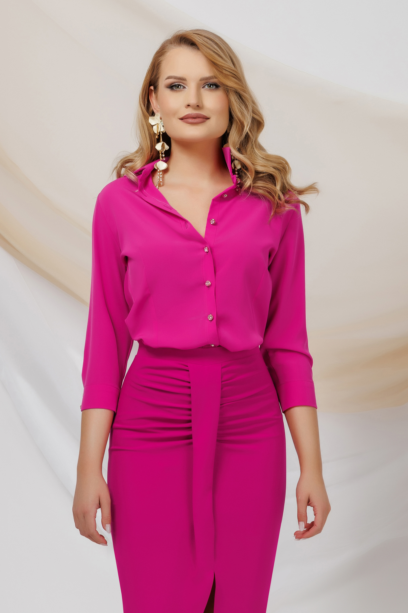 Fuchsia women`s shirt thin fabric loose fit with 3/4 sleeves