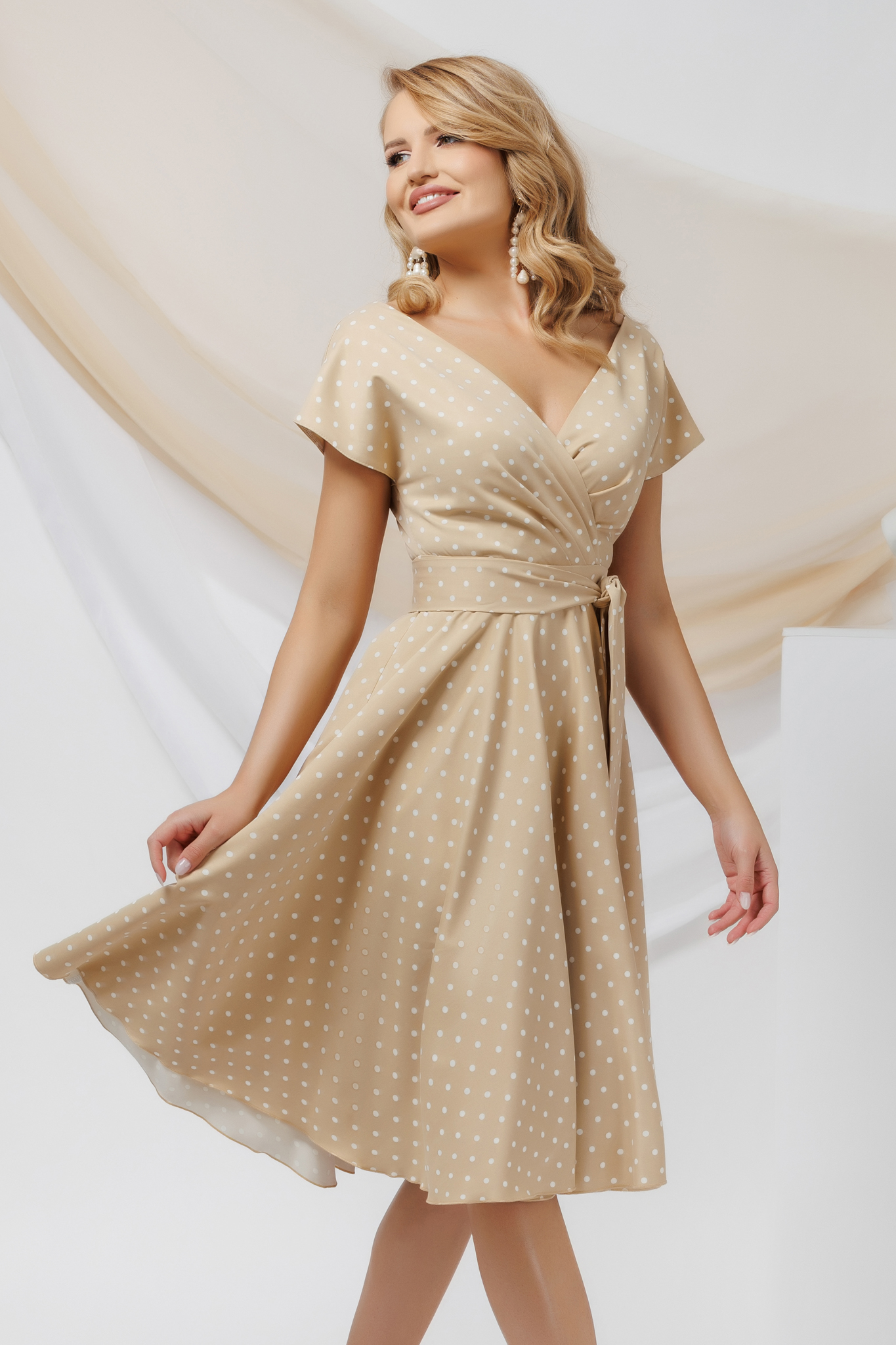 Satin-finish stretch fabric midi dress with crossover neckline - PrettyGirl 1 - StarShinerS.com