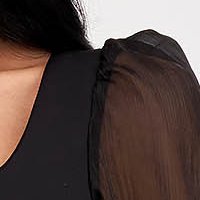 Rochie din neopren neagra tip creion cu pene si maneci bufante transparente