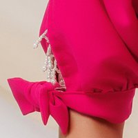 Fuchsia Midi Pencil Dress made from Thin Crepe with Cut-out Sleeves and Bead and Pearl Applications - PrettyGirl