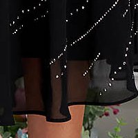 Black chiffon midi dress in A-line cut with wrap-over neckline adorned with rhinestones