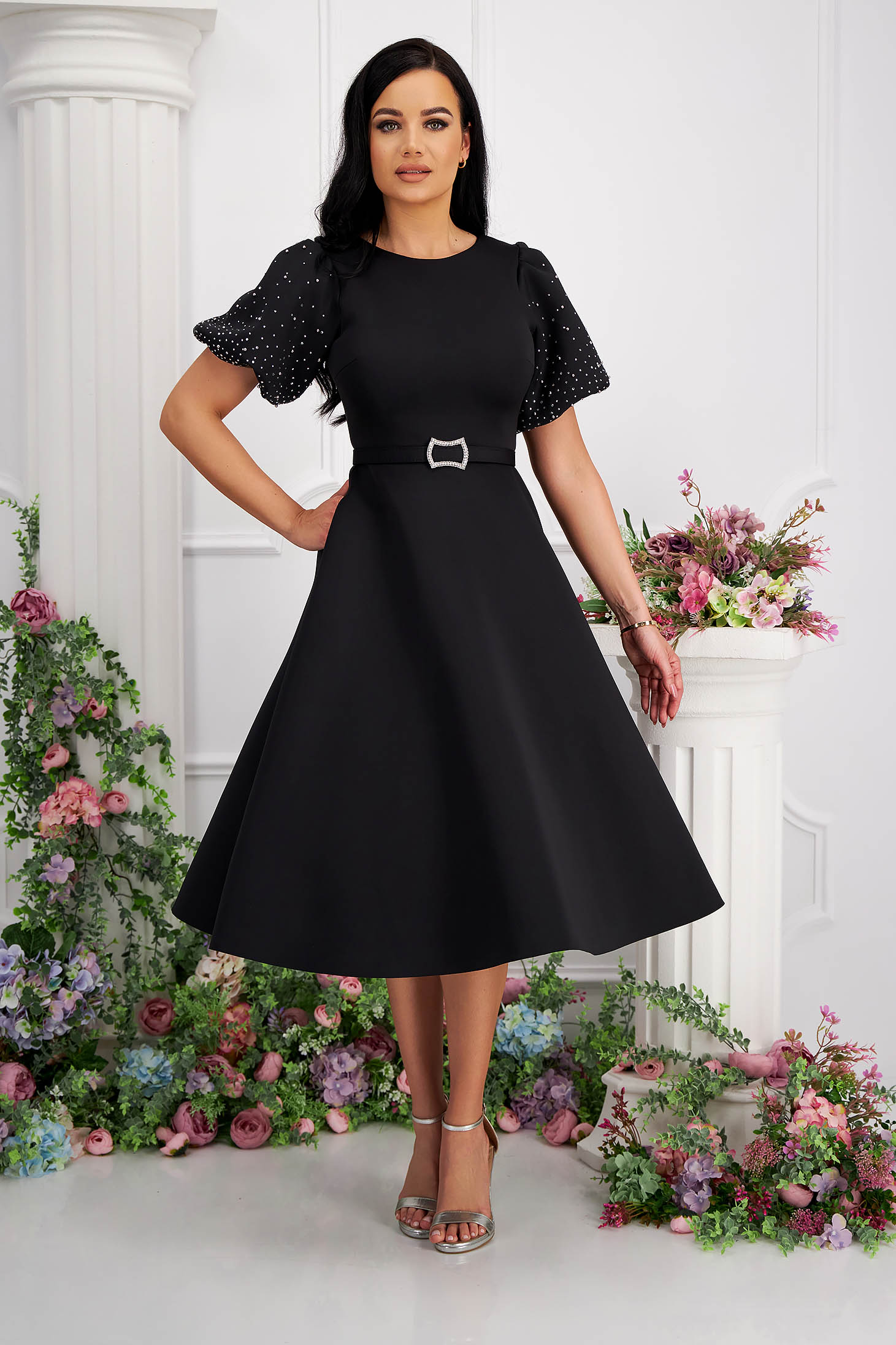 Black neoprene midi skater dress with side pockets and puffed sleeves with rhinestones 1 - StarShinerS.com