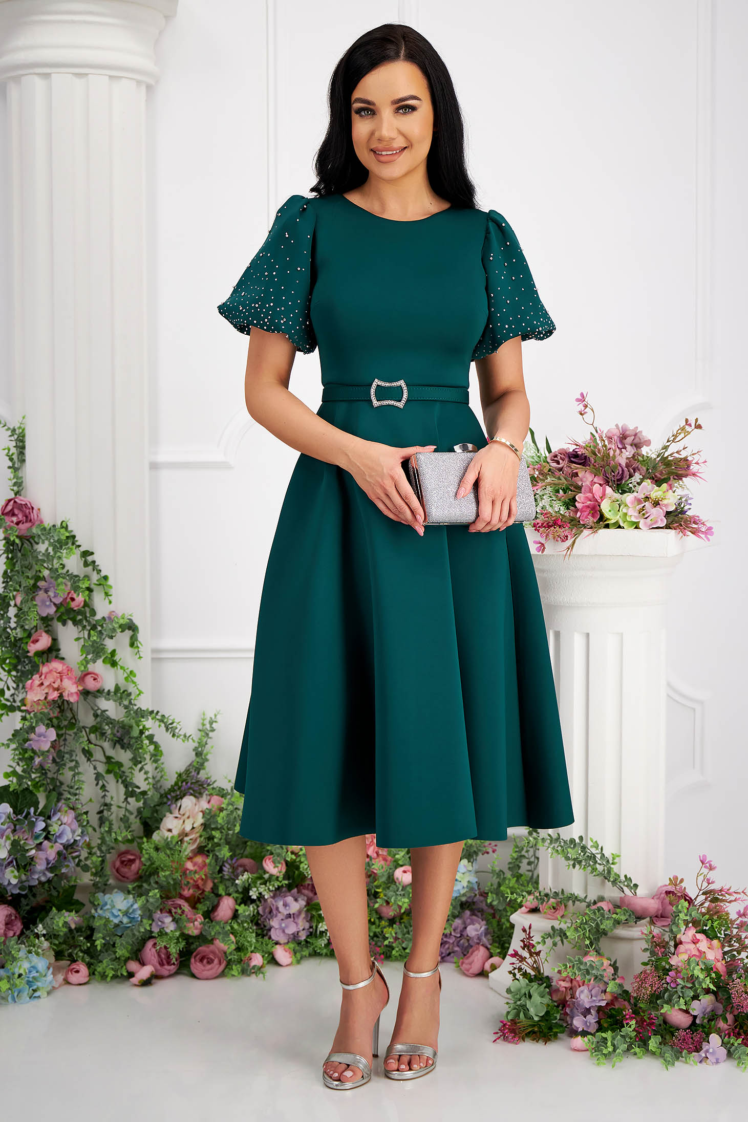 Darkgreen dress midi cloche lateral pockets with puffed sleeves strass 1 - StarShinerS.com