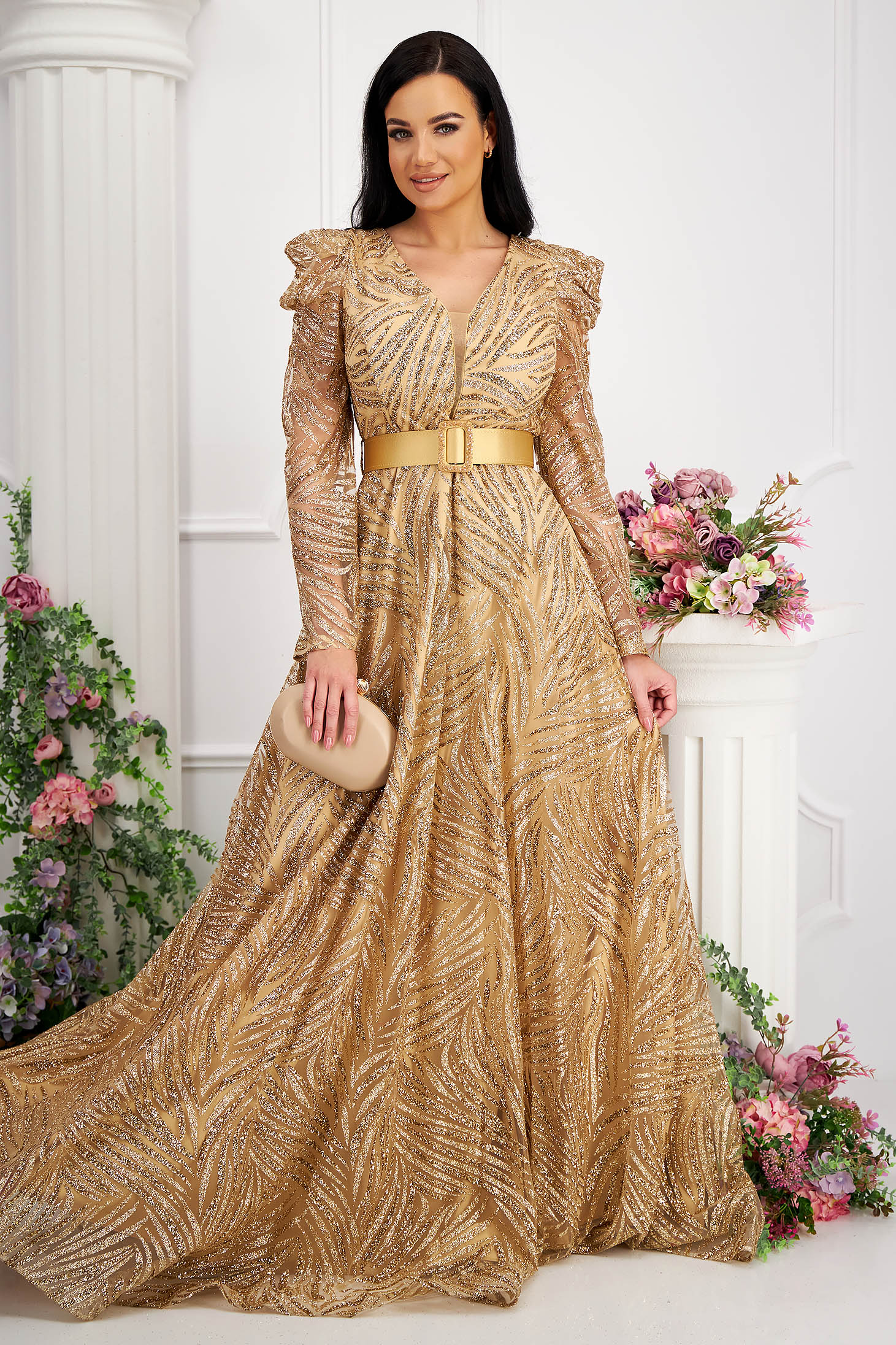 Aranyszínű tüll hosszú harang ruha 1 - StarShinerS.hu