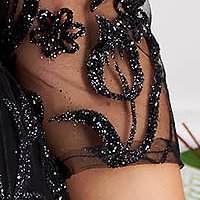 Black dress from tulle cloche long with glitter details with crystal embellished details accessorized with tied waistband