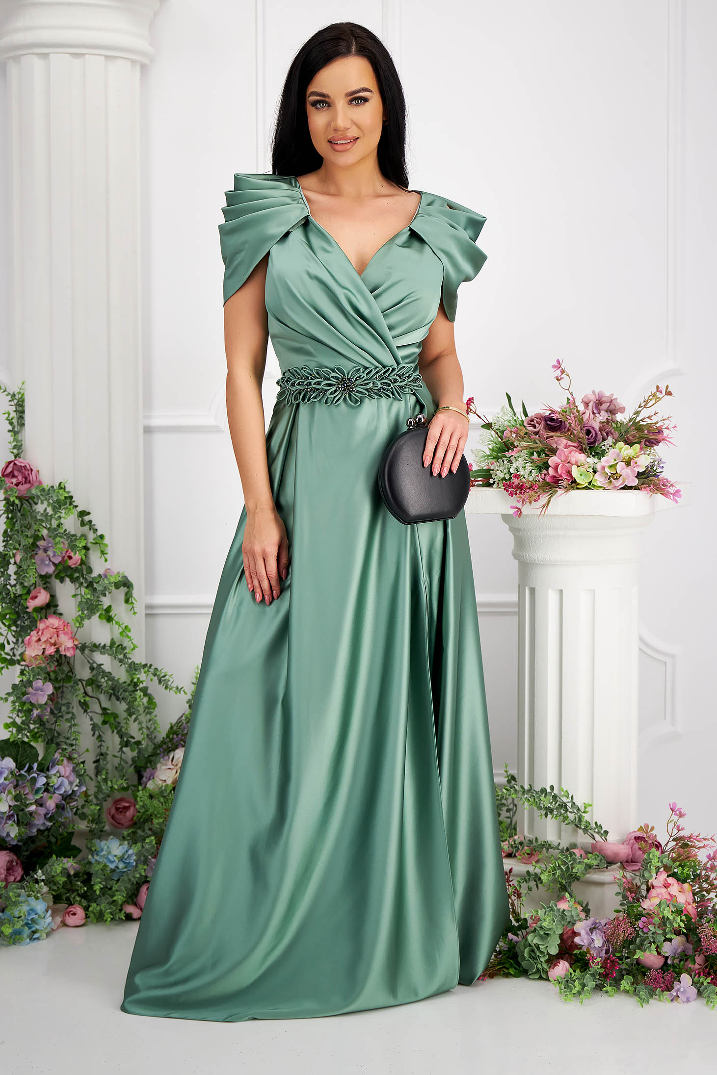 Green dress taffeta long cloche wrap over front with raised flowers