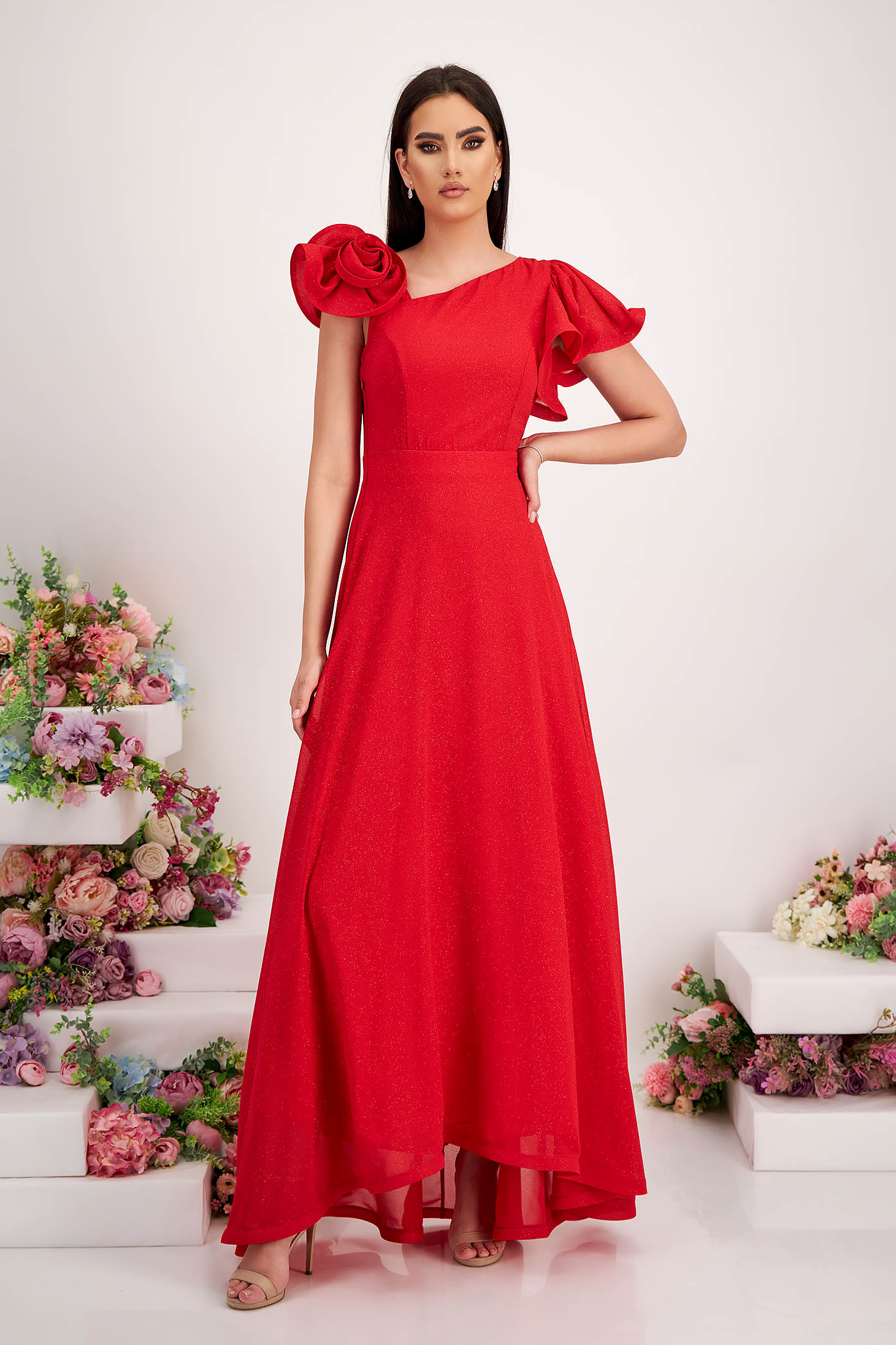 Rochie din georgette cu aplicatii cu sclipici rosie asimetrica in clos cu volanas la umar - StarShinerS 1 - StarShinerS.ro