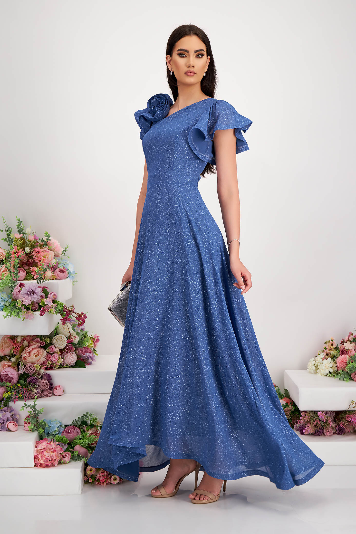 - StarShinerS blue dress georgette with glitter details asymmetrical cloche with ruffled sleeves