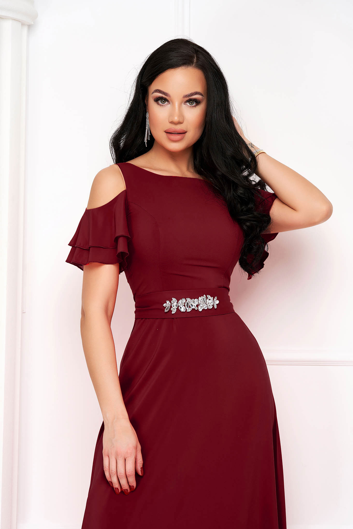 - StarShinerS burgundy dress voile fabric asymmetrical long both shoulders cut out