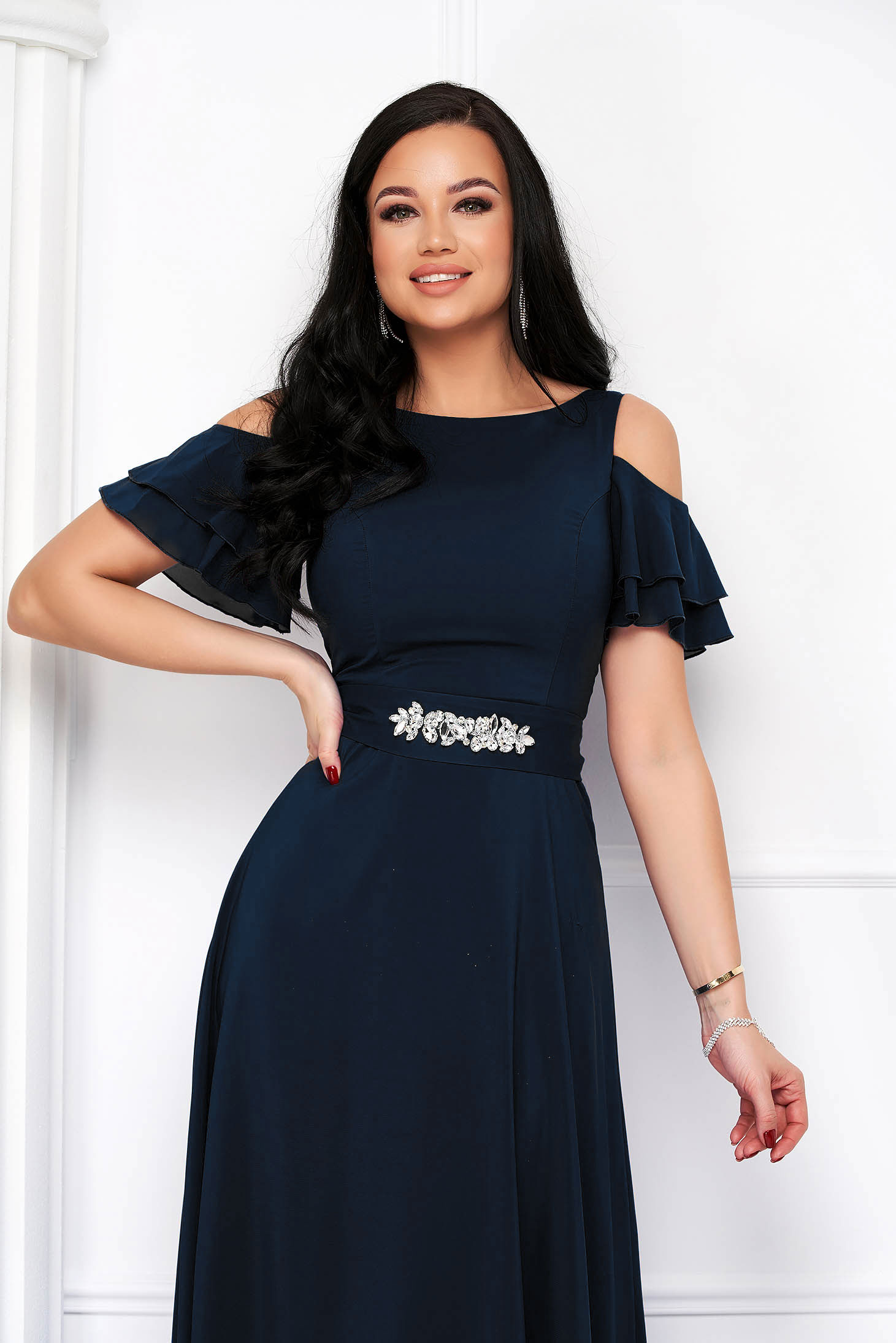 Rochie din voal bleumarin asimetrica lunga cu umeri decupati - StarShinerS