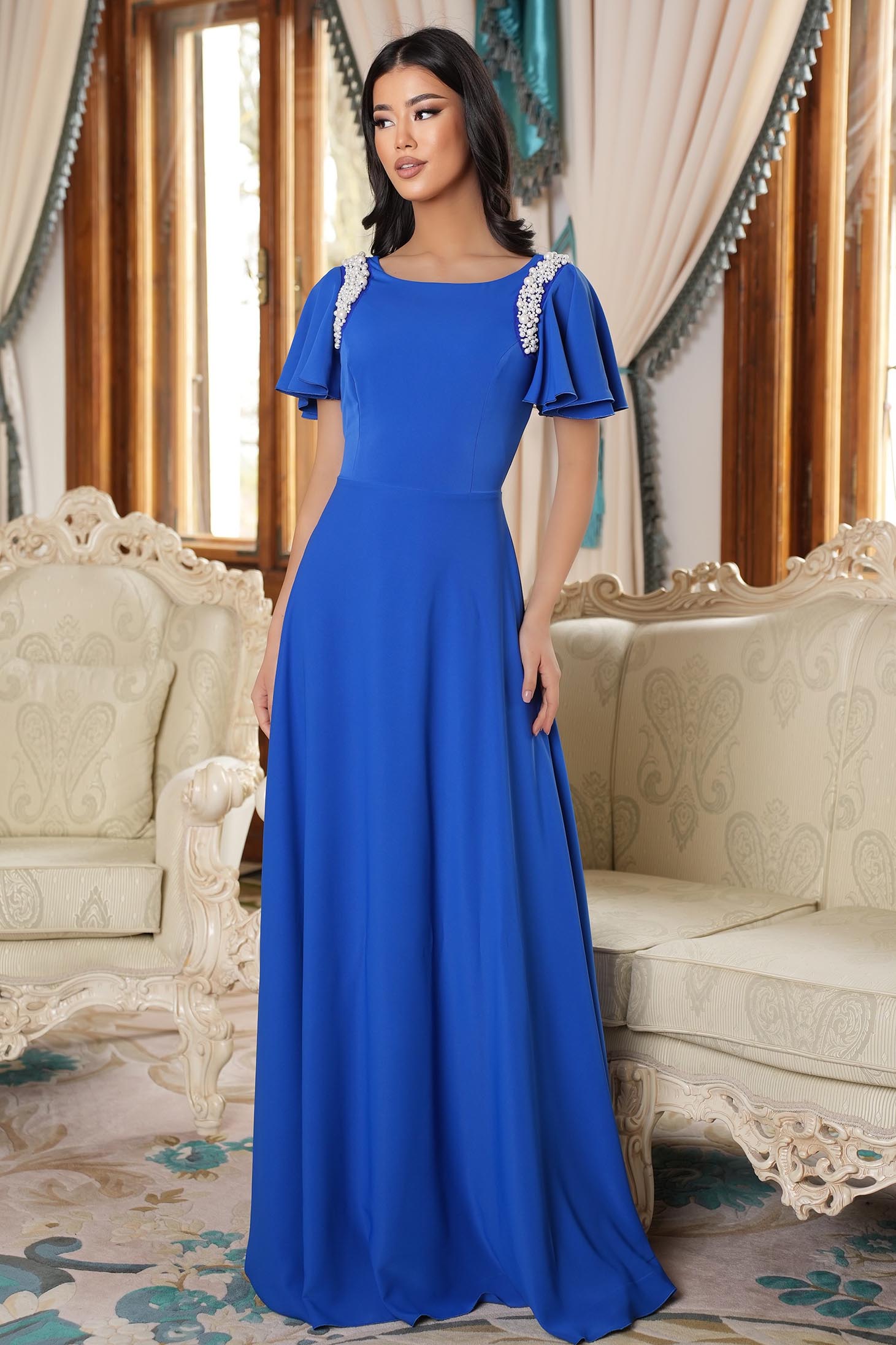 Rochie din voal dens albastra lunga in clos cu volanase si aplicatii cu perle pe umeri - StarShinerS 1 - StarShinerS.ro