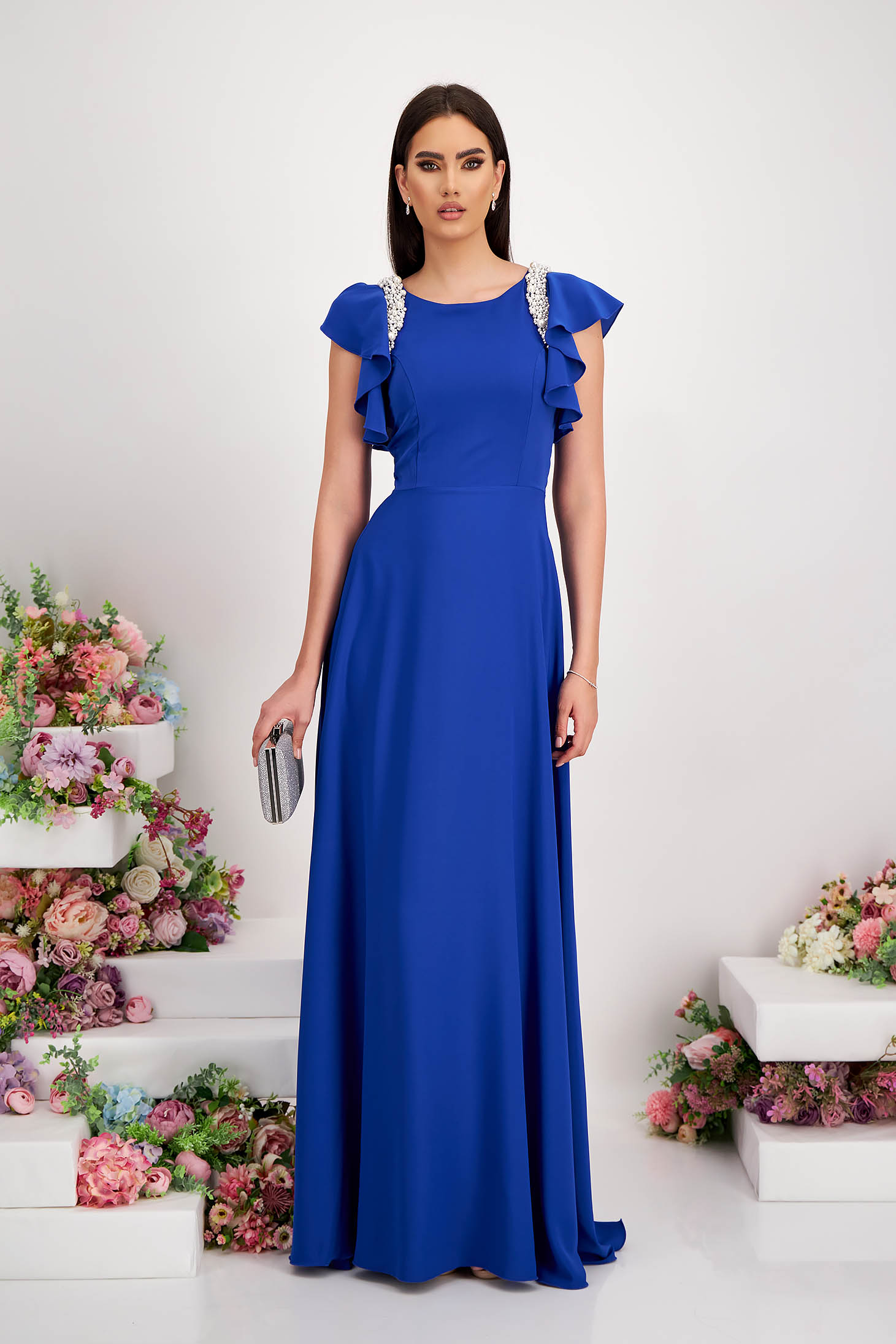 - StarShinerS blue dress from veil fabric long cloche with pearls with ruffle details