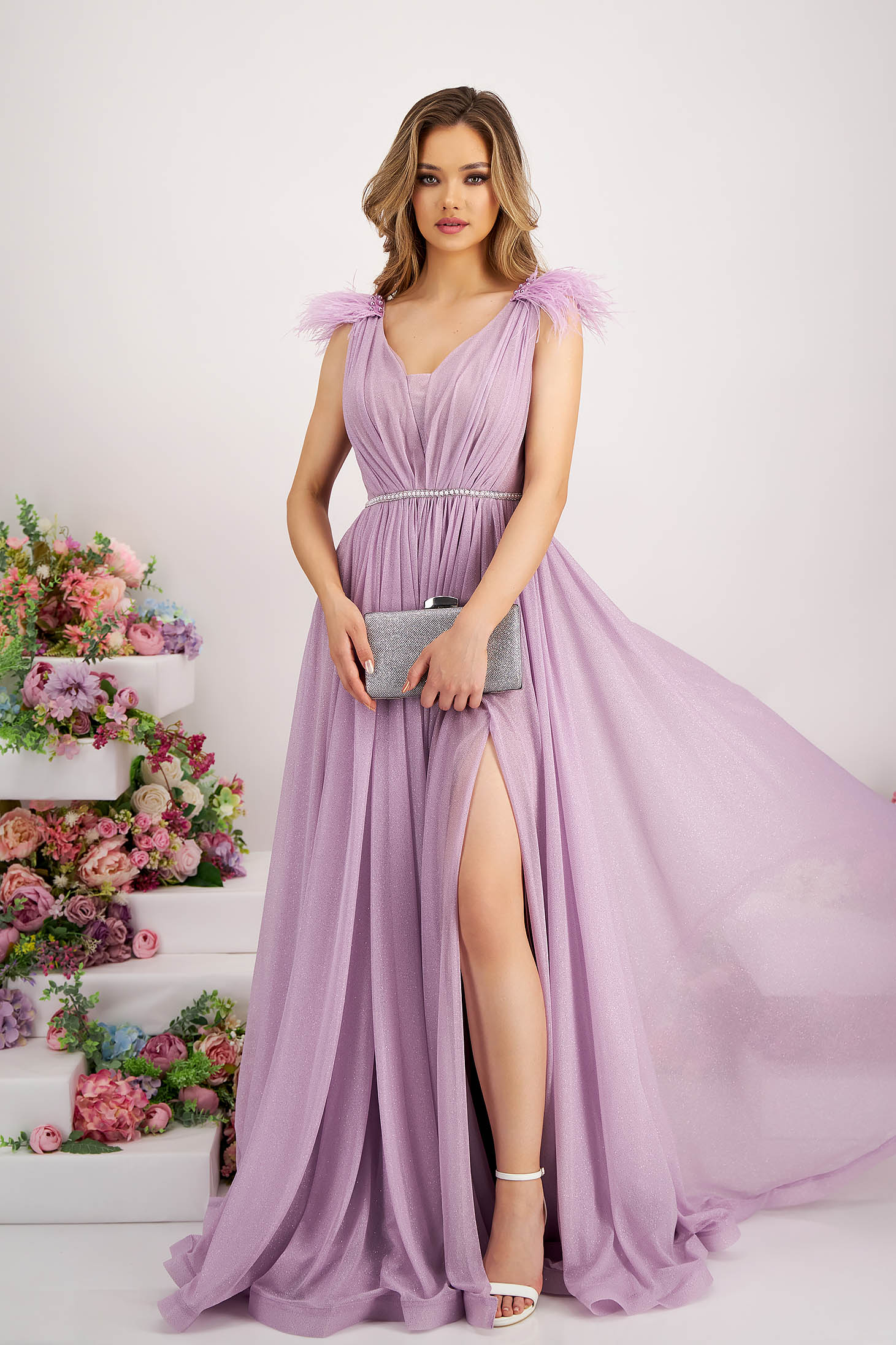 Long lilac glitter tulle dress with feathers on the shoulders 1 - StarShinerS.com