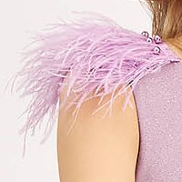 Long lilac glitter tulle dress with feathers on the shoulders