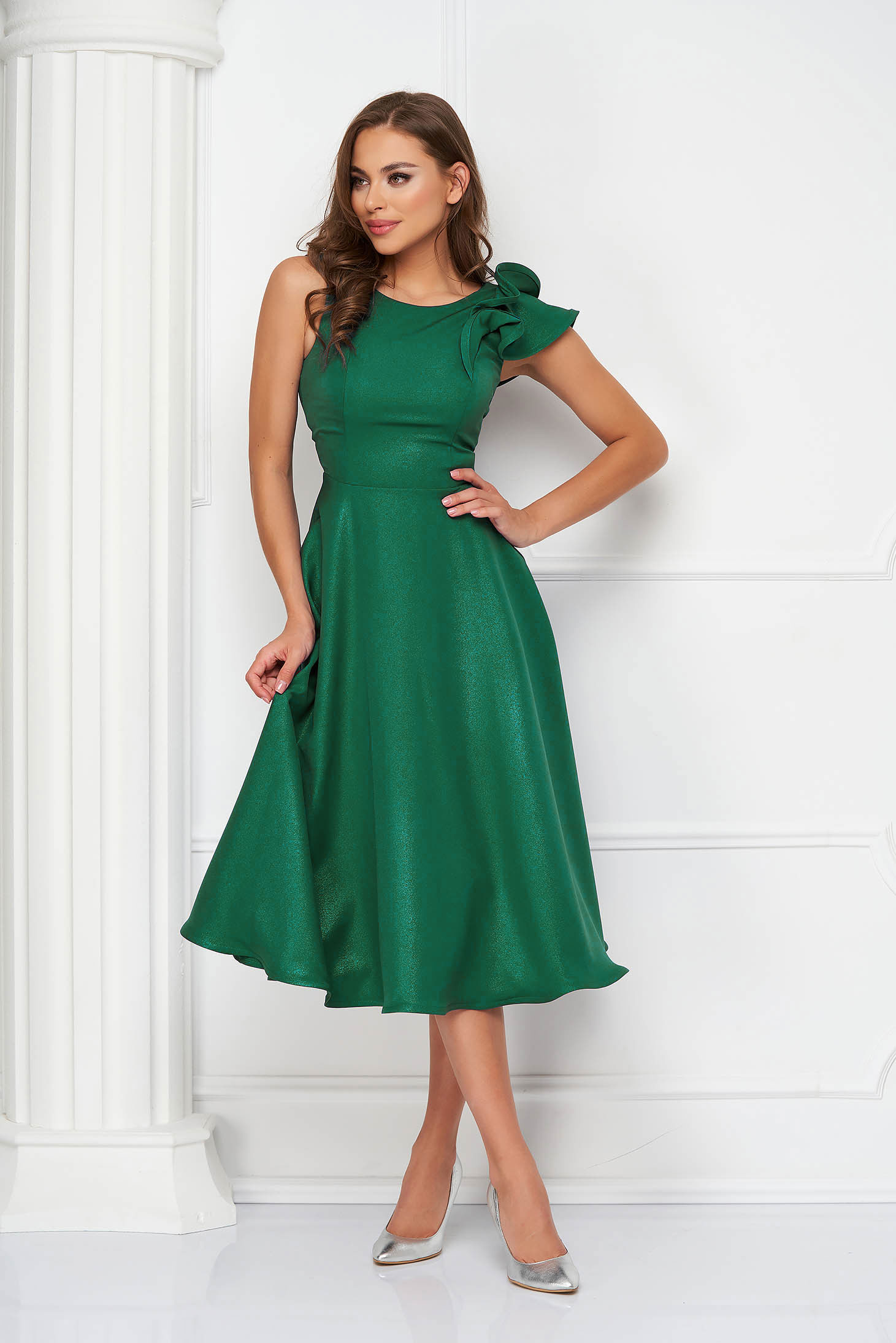 Green Elastic Fabric Dress with Ruffles on the Shoulder - StarShinerS 1 - StarShinerS.com
