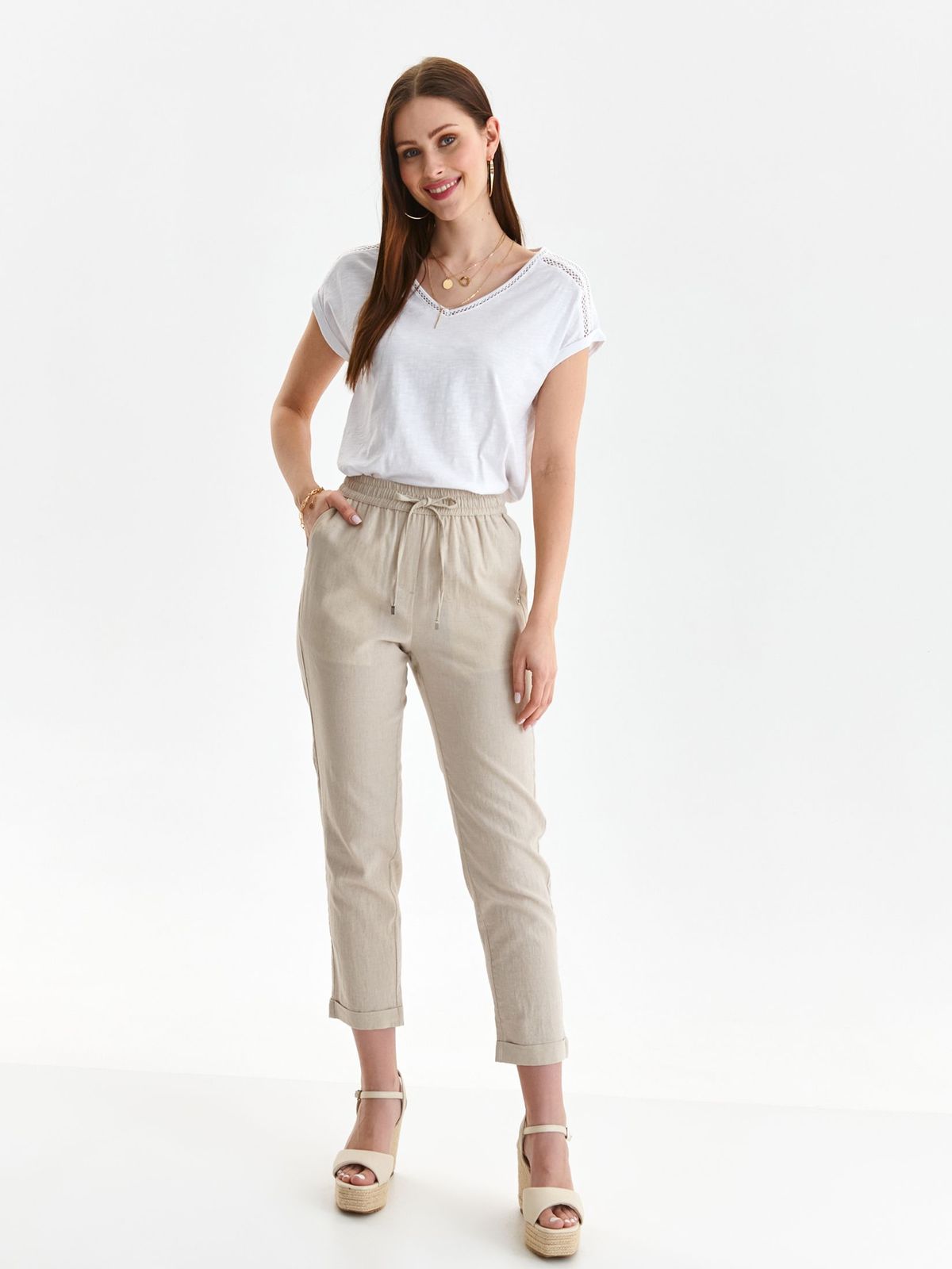 Cream trousers linen long conical medium waist lateral pockets
