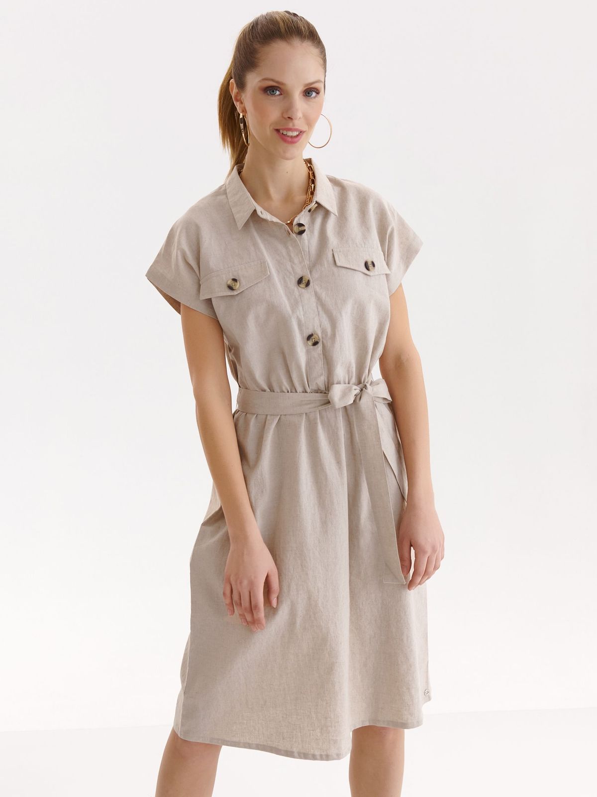 Beige dress linen cloche with elastic waist with faux pockets detachable cord