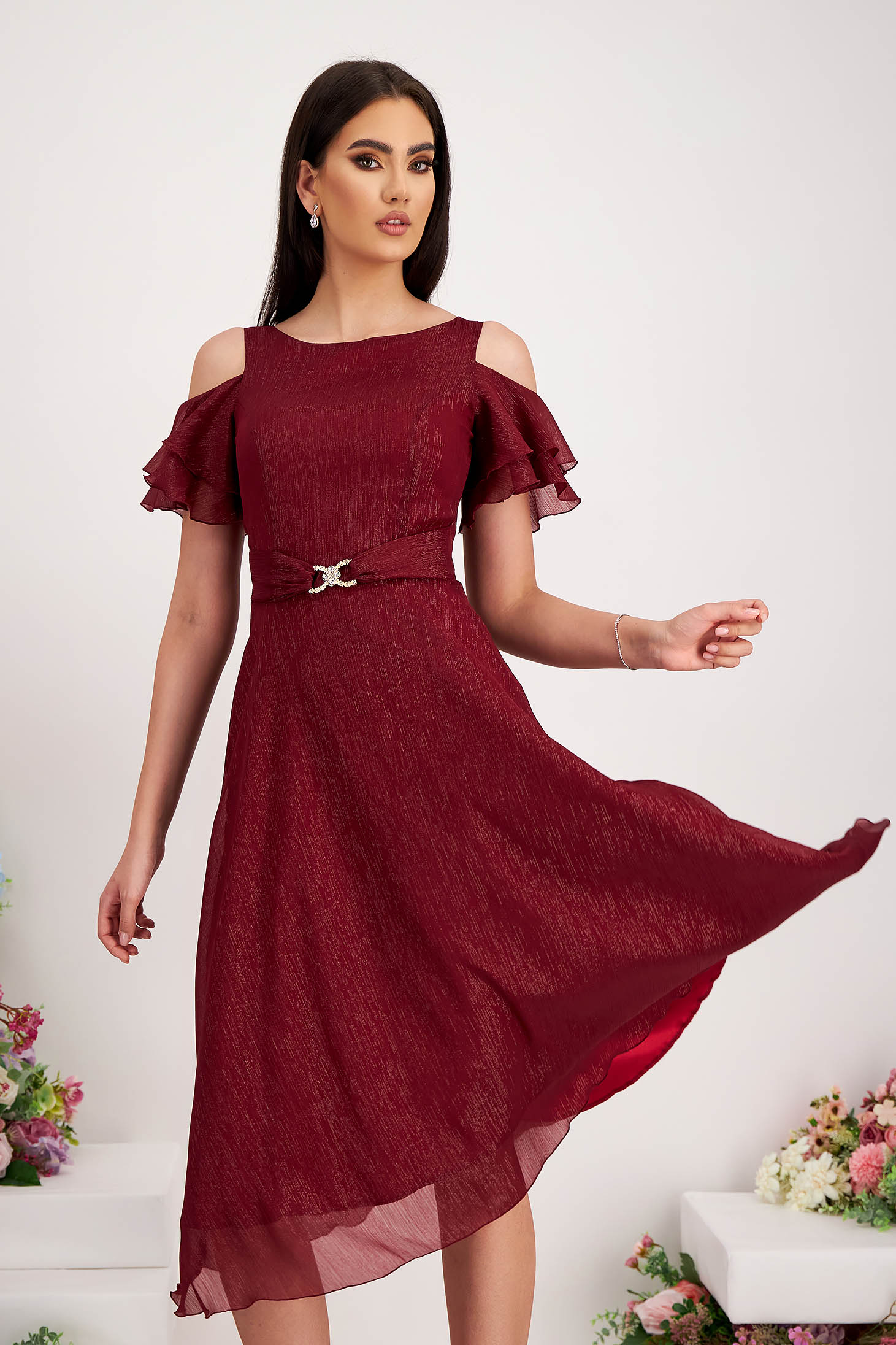 Burgundy Midi Veil Dress in A-Line with Glitter Applications - StarShinerS