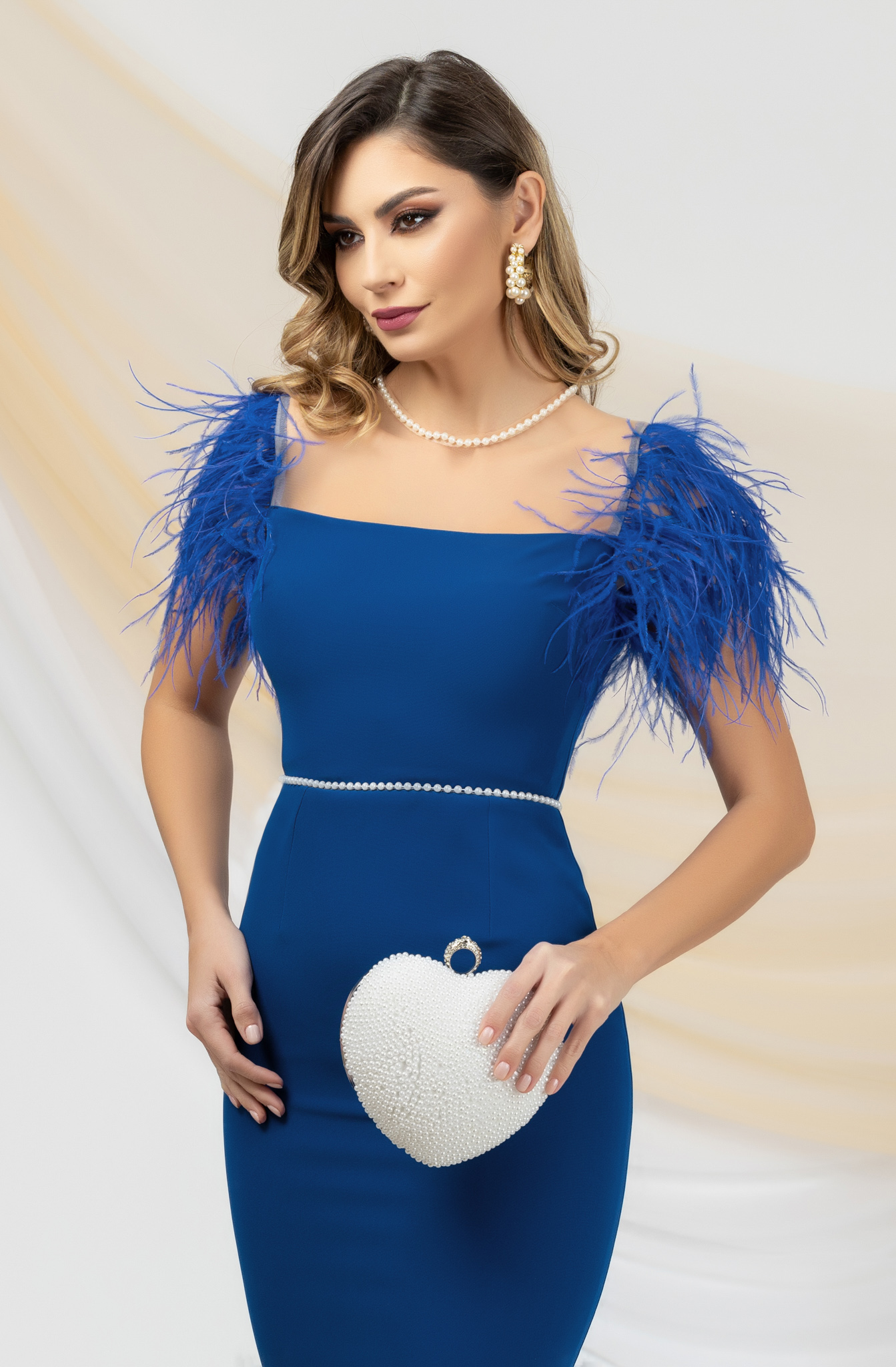 Blue dress pencil occasional feather details with pearls
